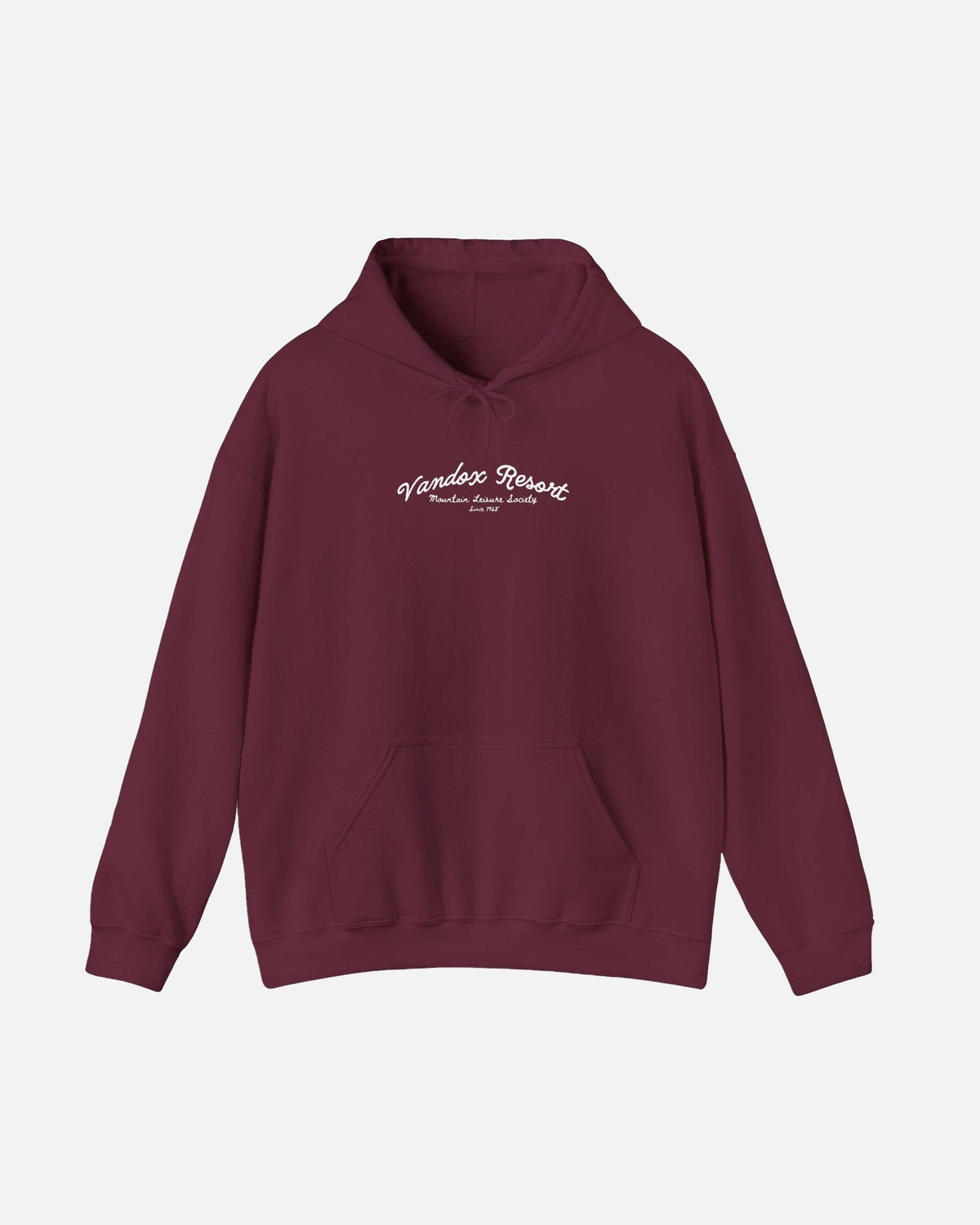 maroon red dark red Vandox Resort hoodie with Vandox Resort Mountain Leisure Society script chest graphic. Starboy old money hoodie sweatshirt clothes vandox sacrevandox vandox clothes vandox clothing