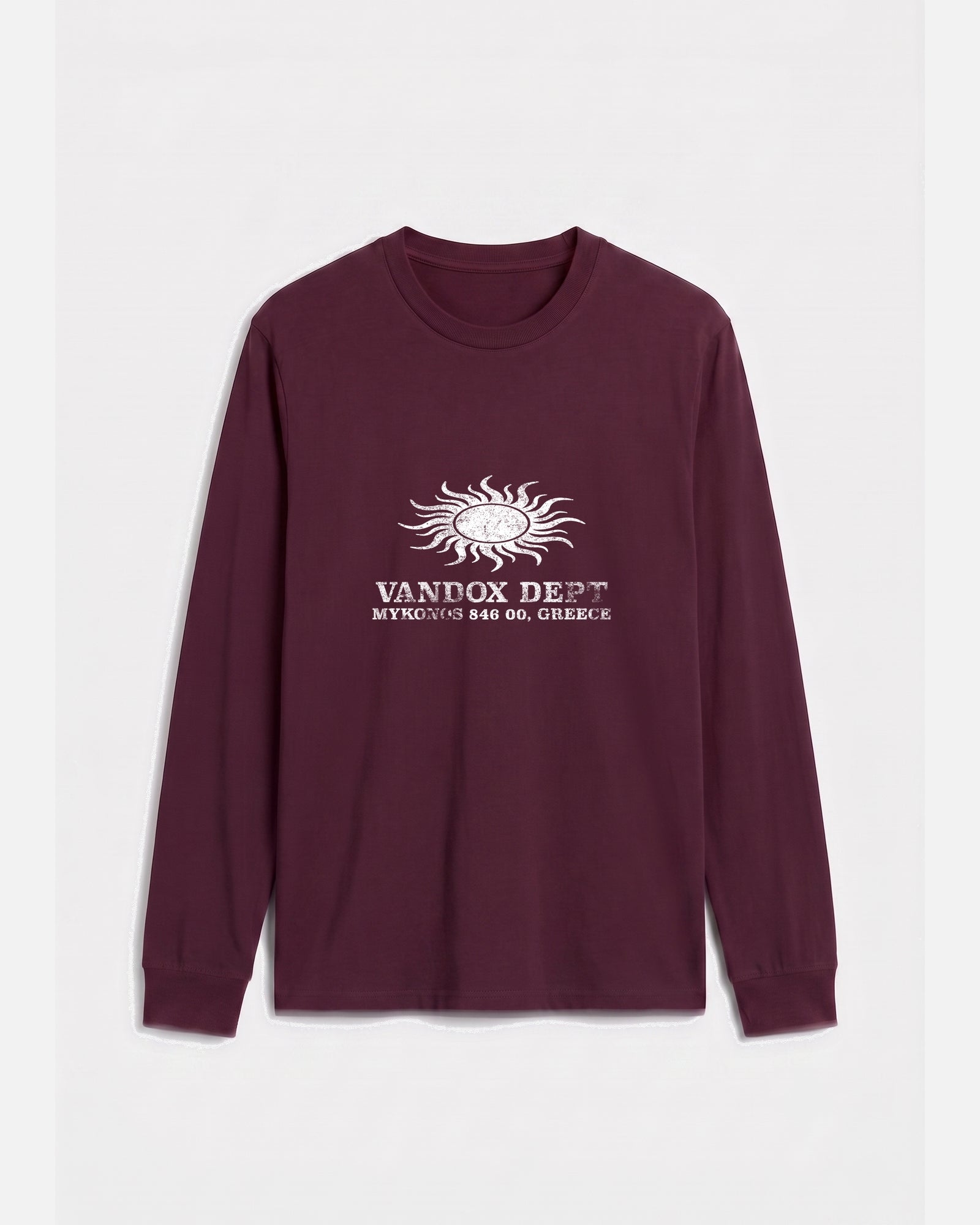 Maroon Dark red Vandox Sun Dept long sleeve longsleeve t-shirt with distressed sun graphic and Vandox Dept Mykonos 846 00 Greece text. Starboy old money hoodie sweatshirt t-shirt long sleeve longsleeve clothes vandox sacrevandox vandox clothes vandox clothing