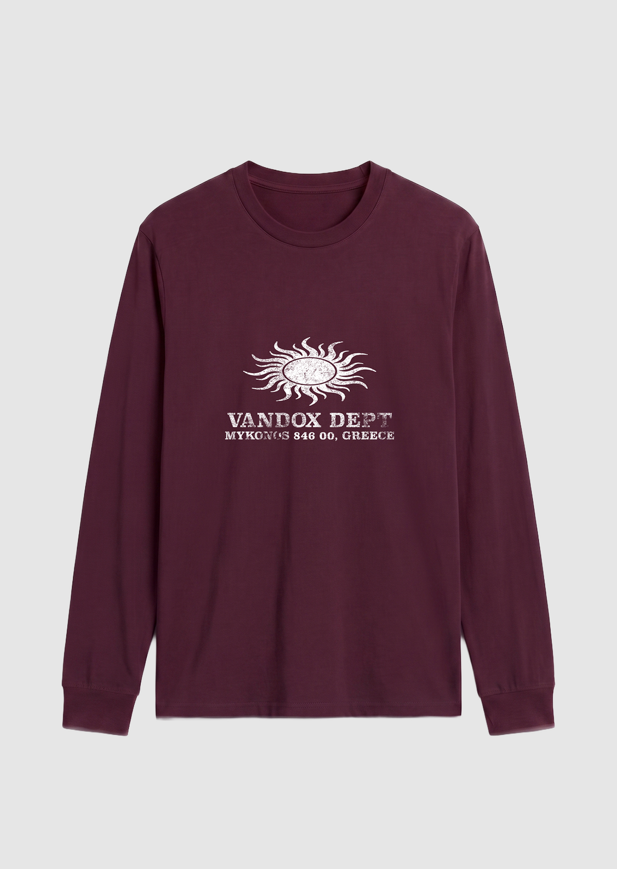 Maroon Dark red Vandox Sun Dept long sleeve longsleeve t-shirt with distressed sun graphic and Vandox Dept Mykonos 846 00 Greece text. Starboy old money hoodie sweatshirt t-shirt long sleeve longsleeve clothes vandox sacrevandox vandox clothes vandox clothing