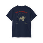 Deep Dark Blue navy Vandox T-Shirt with STARBOY on the back, golden lion surrounded by a majestic golden arch, and a small golden logo featuring a star, and text 'vandox familia starboy essential'. Starboy old money shirt tshirt clothes vandox sacrevandox vandox clothes vandox clothing
