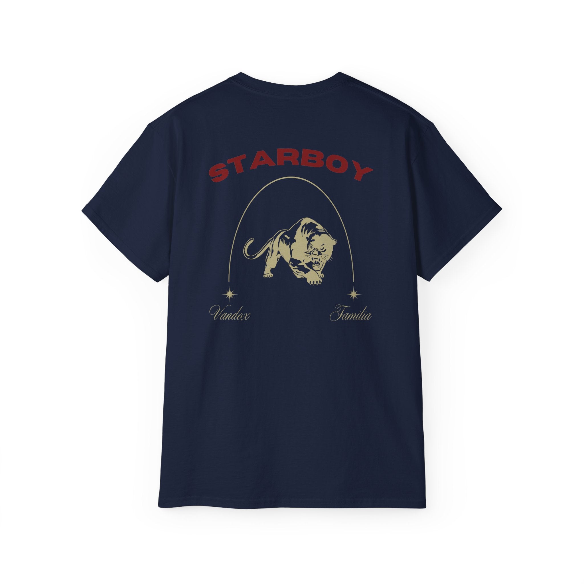 Deep Dark Blue navy Vandox T-Shirt with STARBOY on the back, golden lion surrounded by a majestic golden arch, and a small golden logo featuring a star, and text 'vandox familia starboy essential'. Starboy old money shirt tshirt clothes vandox sacrevandox vandox clothes vandox clothing