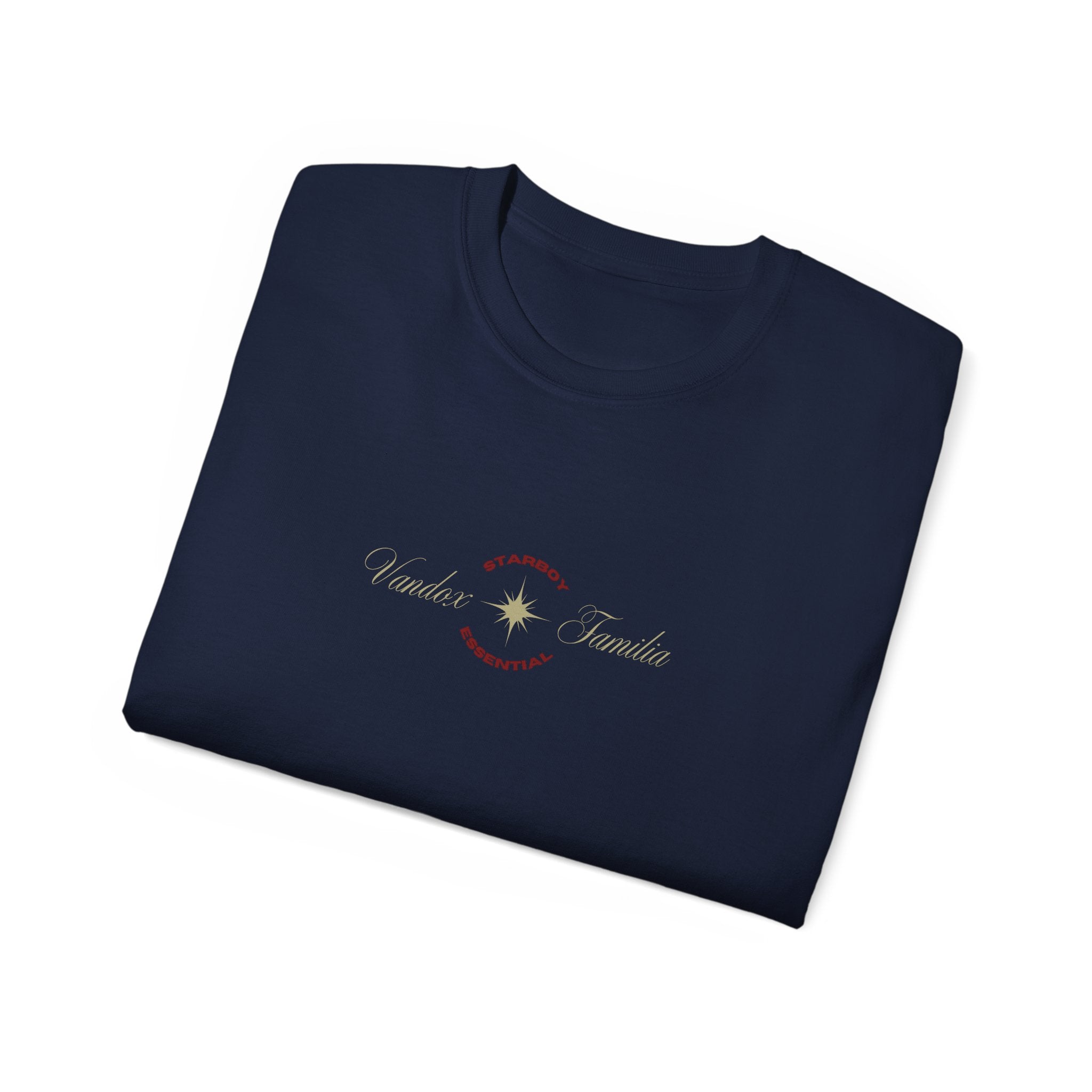 Deep Dark Blue navy Vandox T-Shirt with STARBOY on the back, golden lion surrounded by a majestic golden arch, and a small golden logo featuring a star, and text 'vandox familia starboy essential'. Starboy old money shirt tshirt clothes vandox sacrevandox vandox clothes vandox clothing