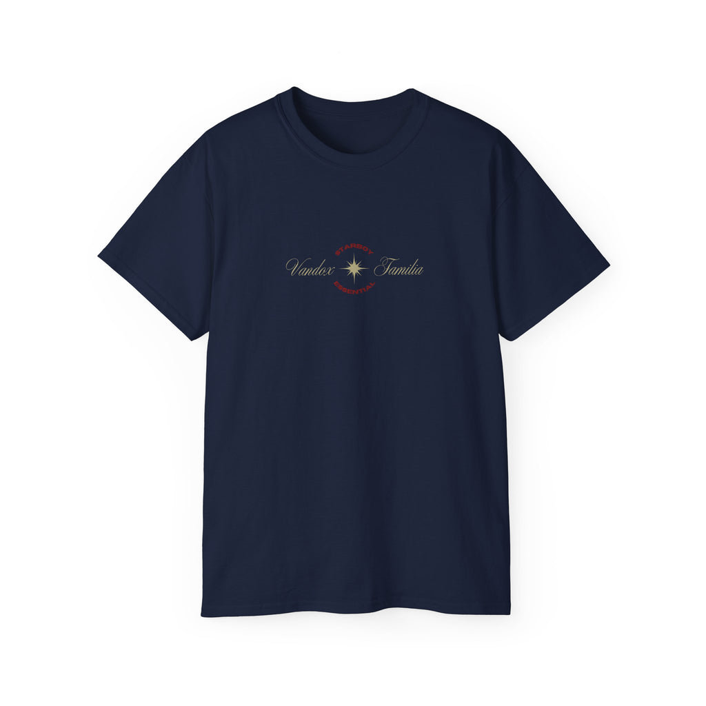 Deep Dark Blue navy Vandox T-Shirt with STARBOY on the back, golden lion surrounded by a majestic golden arch, and a small golden logo featuring a star, and text 'vandox familia starboy essential'. Starboy old money shirt tshirt clothes vandox sacrevandox vandox clothes vandox clothing