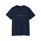 Deep Dark Blue navy Vandox T-Shirt with STARBOY on the back, golden lion surrounded by a majestic golden arch, and a small golden logo featuring a star, and text 'vandox familia starboy essential'. Starboy old money shirt tshirt clothes vandox sacrevandox vandox clothes vandox clothing