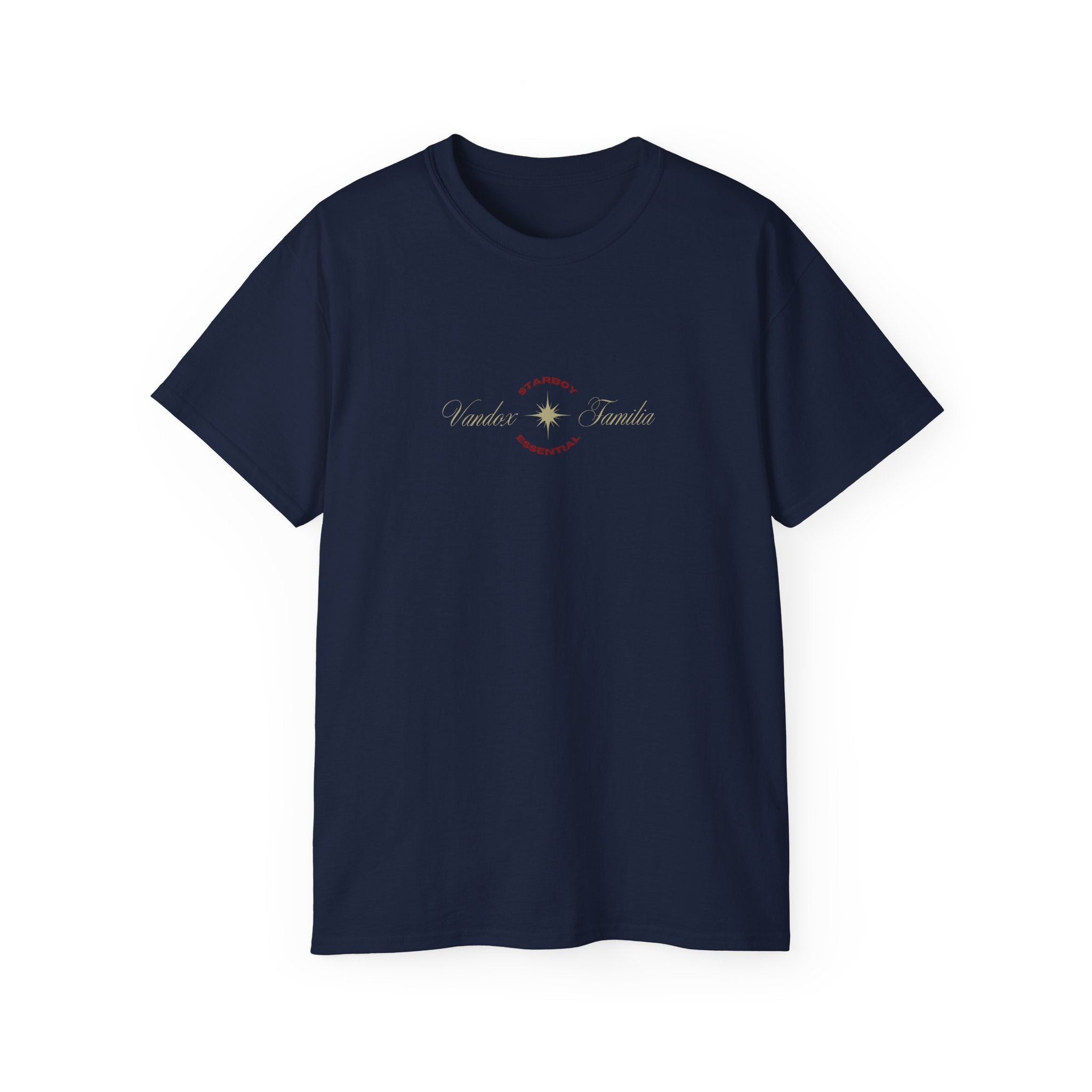 Deep Dark Blue navy Vandox T-Shirt with STARBOY on the back, golden lion surrounded by a majestic golden arch, and a small golden logo featuring a star, and text 'vandox familia starboy essential'. Starboy old money shirt tshirt clothes vandox sacrevandox vandox clothes vandox clothing