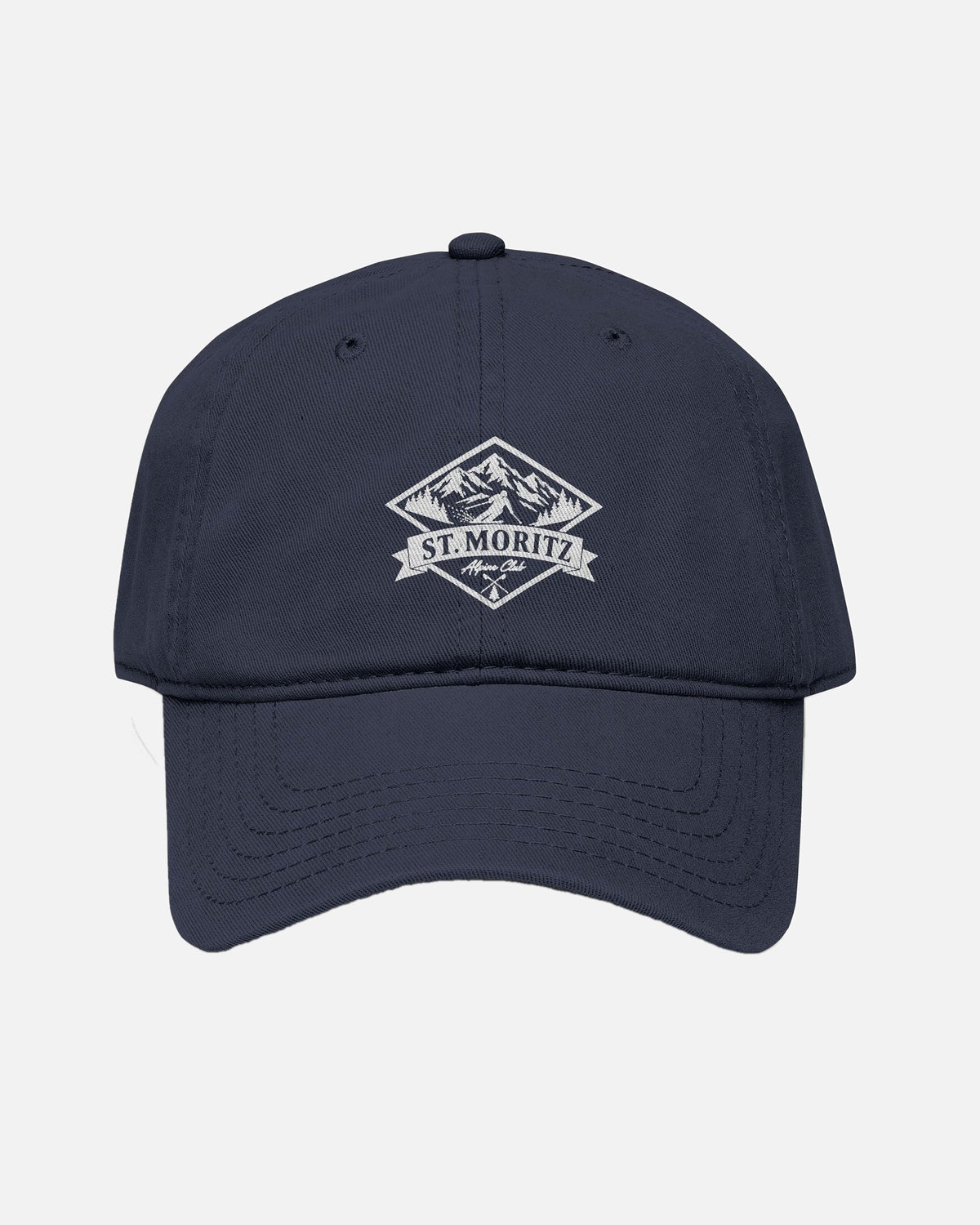 Front View of Navy Dark Blue Vandox alpine Club washed baseball cap with White printed St. Moritz Alpine Club diamond mountain crest graphic. Hat Cap Baseball Cap Baseball Hat starboy hat old money hats vandox sacre vandox sacrevandox vandox clothing