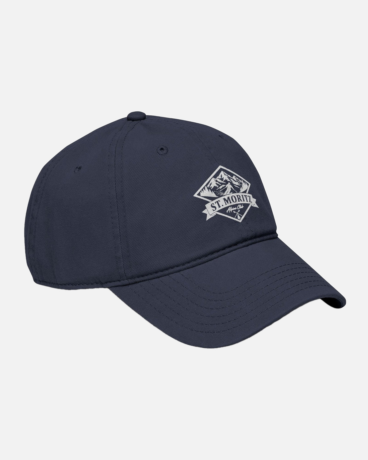 45 angle Front View of Navy Dark Blue Vandox alpine Club washed baseball cap with White printed St. Moritz Alpine Club diamond mountain crest graphic. Hat Cap Baseball Cap Baseball Hat starboy hat old money hats vandox sacre vandox sacrevandox vandox clothing