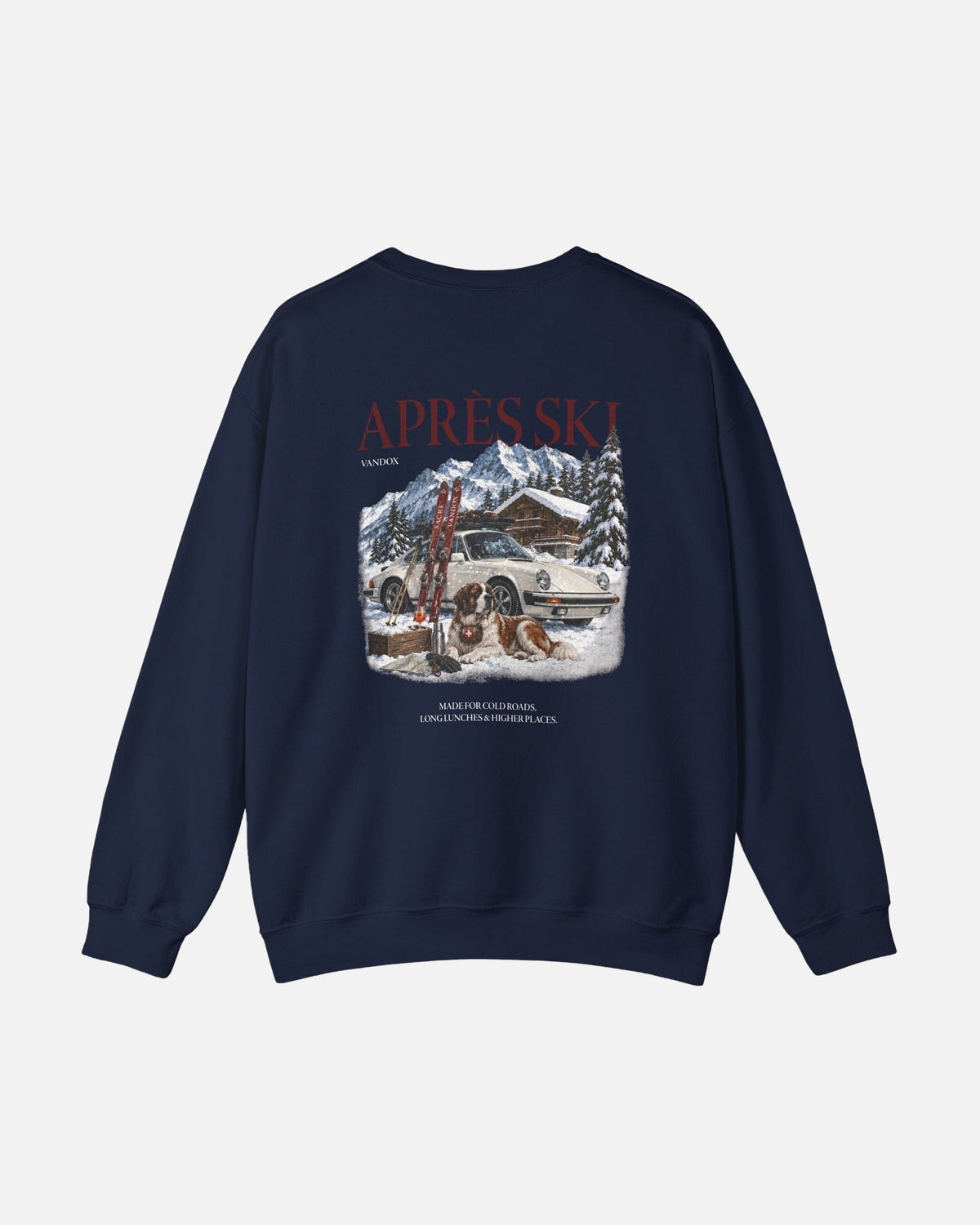 Navy Dark blue crewneck sweatshirt back view with Après Ski Vandox alpine scene featuring Porsche 911 Saint Bernard and mountain chalet graphic. Starboy old money hoodie sweatshirt clothes vandox sacrevandox vandox clothes vandox clothing crewneck autumn clothes no hood fall clothes 