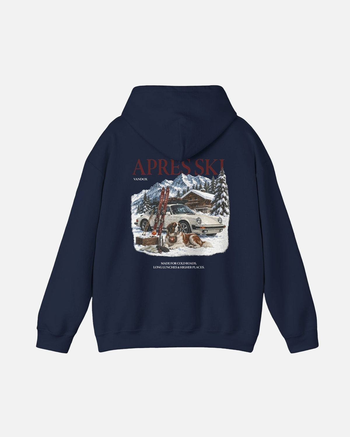 Navy dark blue deep blue Vandox Apres Ski hoodie back view with Après Ski Vandox alpine scene featuring Porsche 911 Saint Bernard and mountain chalet graphic. Starboy old money hoodie sweatshirt clothes vandox sacrevandox vandox clothes vandox clothing
