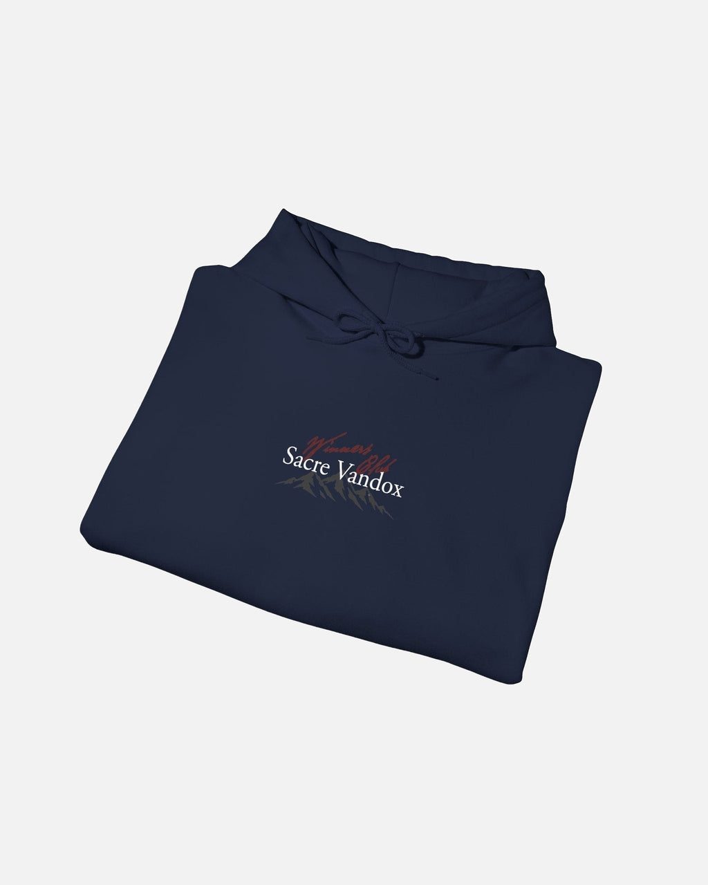 folded view of navy dark blue deep blue Vandox Apres Ski hoodie front view with Winners Club Sacre Vandox mountain range chest graphic. Starboy old money hoodie sweatshirt clothes vandox sacrevandox vandox clothes vandox clothing