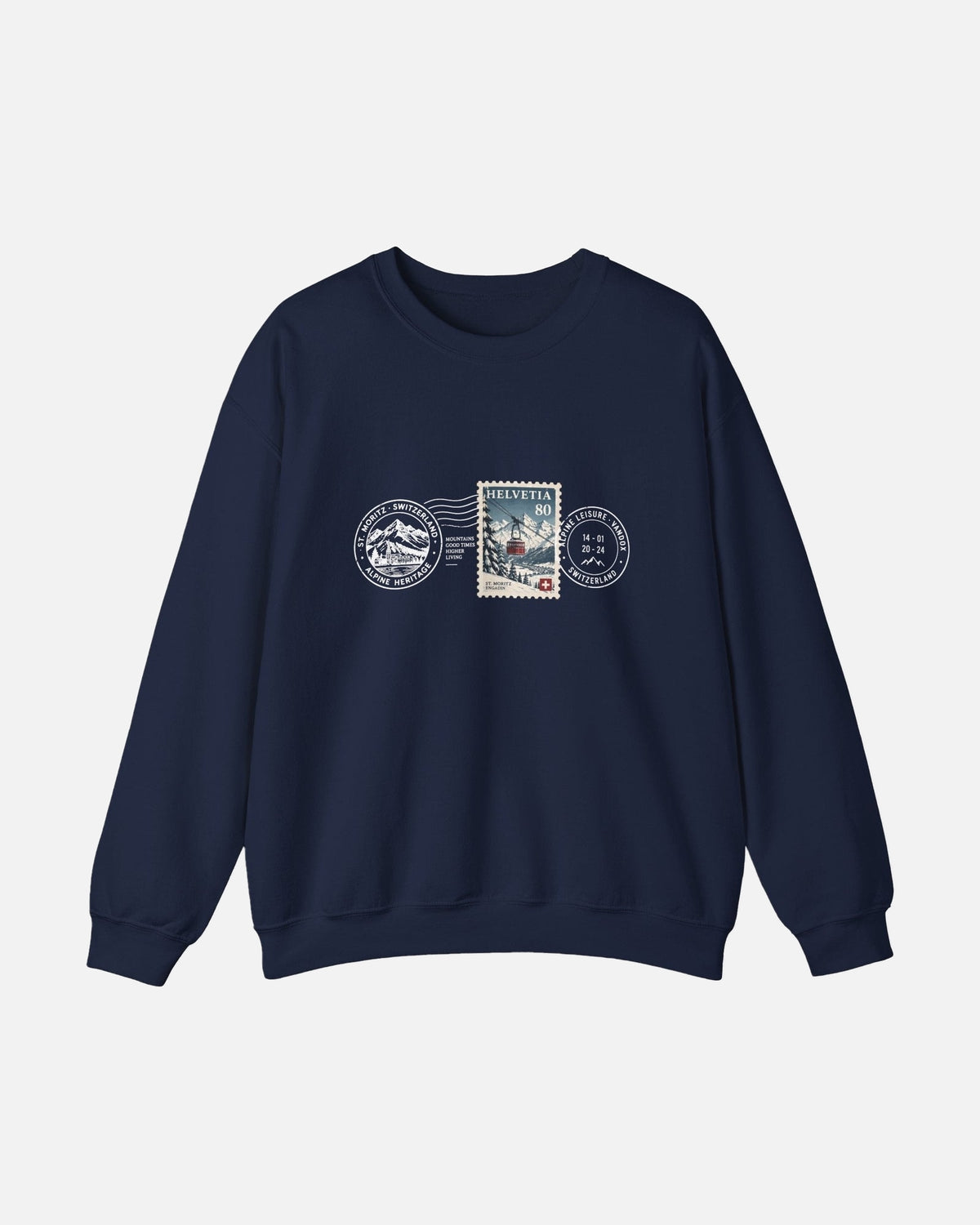 Navy Dark Blue Vandox Post Stamp crewneck sweatshirt with vintage Helvetia 80 postal stamp St. Moritz Engadin scene and Alpine Heritage Alpine Leisure Vandox postmark chest graphic. Starboy old money hoodie sweatshirt clothes vandox sacrevandox vandox clothes vandox clothing crewneck autumn clothes no hood fall clothes 