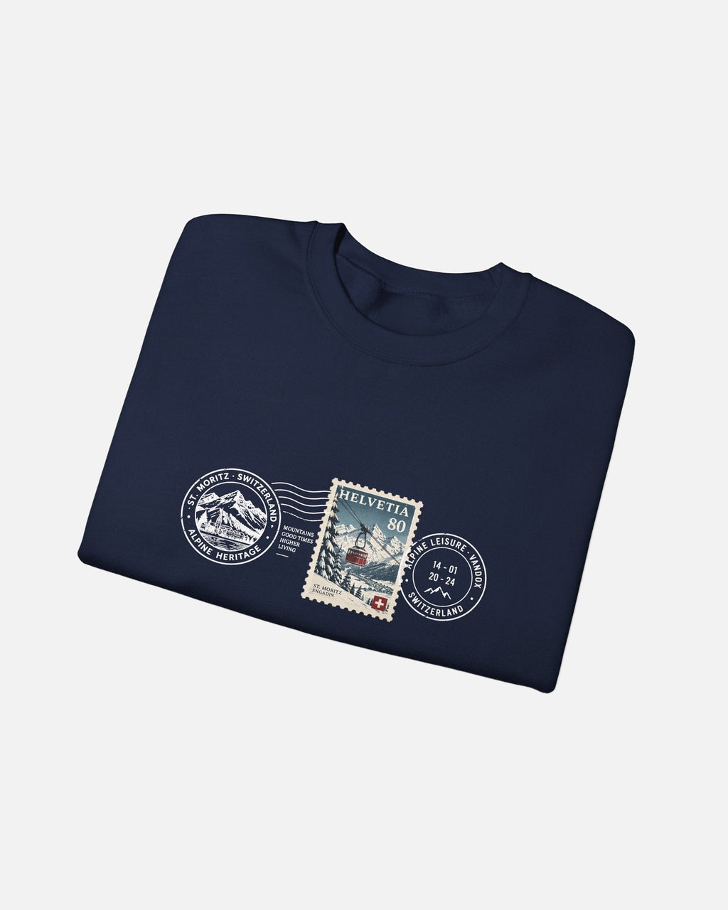 Folded view of Navy Dark Blue Vandox Post Stamp crewneck sweatshirt with vintage Helvetia 80 postal stamp St. Moritz Engadin scene and Alpine Heritage Alpine Leisure Vandox postmark chest graphic. Starboy old money hoodie sweatshirt clothes vandox sacrevandox vandox clothes vandox clothing crewneck autumn clothes no hood fall clothes 