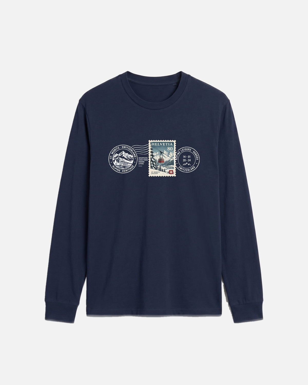 Navy Dark Blue Vandox Post Stamp long sleeve t-shirt with vintage Helvetia 80 postal stamp St. Moritz Engadin scene and Alpine Heritage Alpine Leisure Vandox postmark chest graphic.Starboy old money shirt tshirt longsleeve crewneck clothes vandox sacrevandox vandox clothes vandox clothing