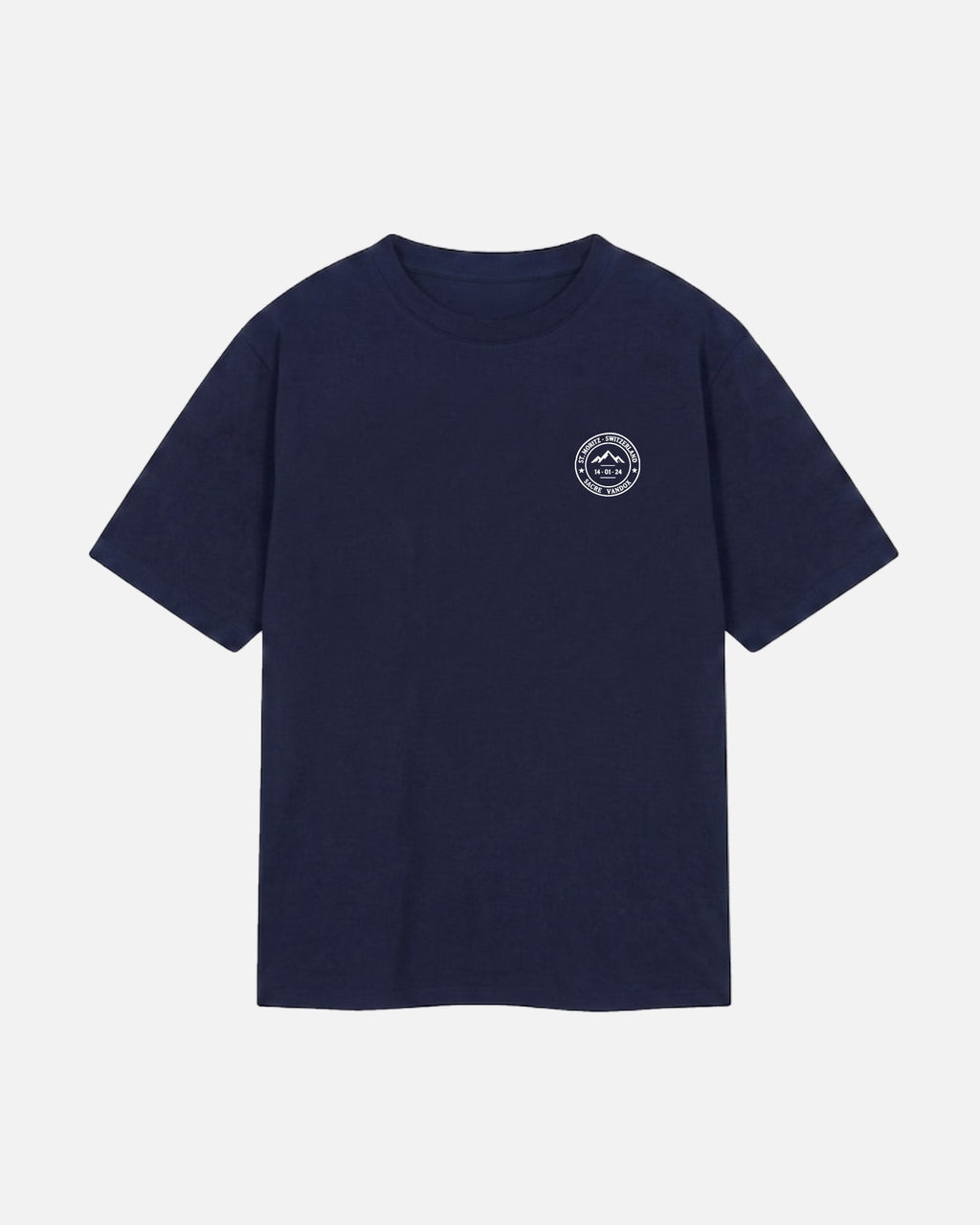 Navy Dark Blue Vandox Powder Day t-shirt front view with red St. Moritz Switzerland circular stamp and Sacre Vandox chest graphic. Starboy old money shirt tshirt clothes vandox sacrevandox vandox clothes vandox clothing