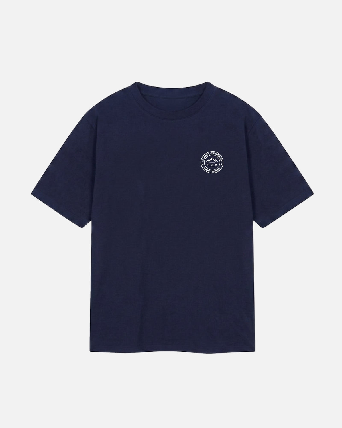 Navy Dark Blue Vandox Powder Day t-shirt front view with red St. Moritz Switzerland circular stamp and Sacre Vandox chest graphic. Starboy old money shirt tshirt clothes vandox sacrevandox vandox clothes vandox clothing