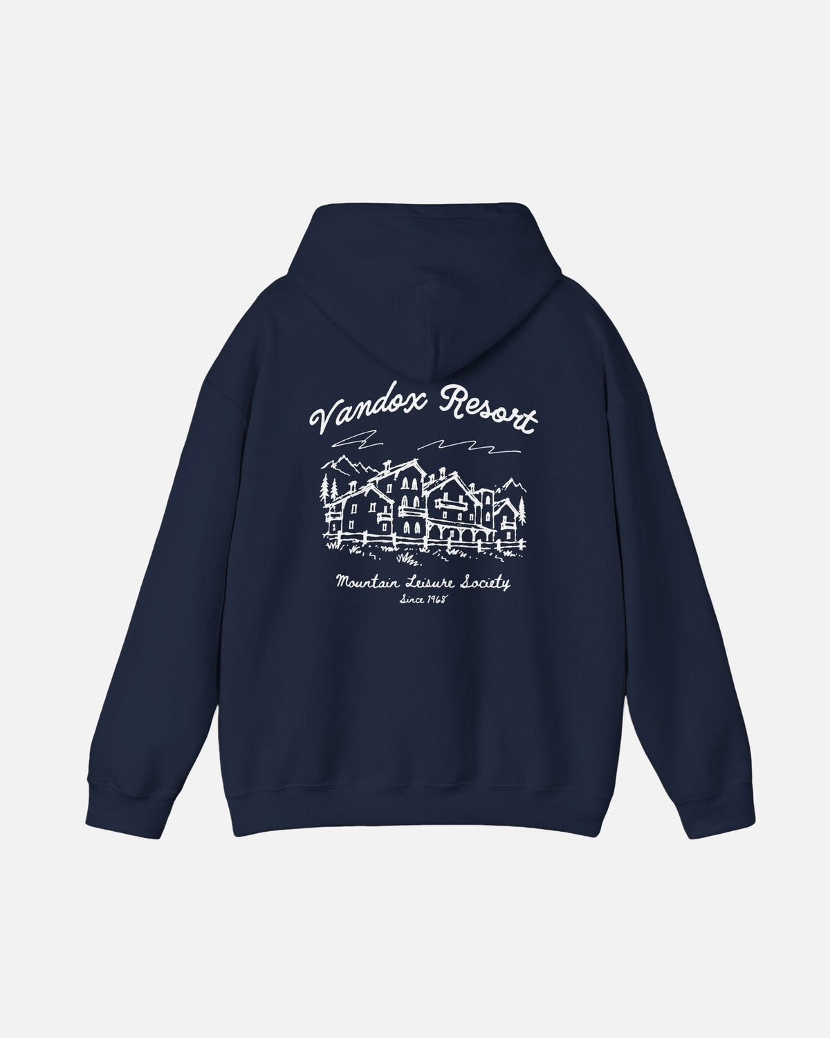 Navy Dark Blue Vandox Resort hoodie back view with hand-drawn alpine resort hotel sketch and Vandox Resort Mountain Leisure Society Since 1968 text. Starboy old money hoodie sweatshirt clothes vandox sacrevandox vandox clothes vandox clothing