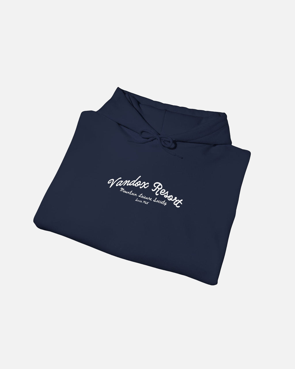 Folded view of Navy Blue dark Blue Vandox Resort hoodie with Vandox Resort Mountain Leisure Society script chest graphic. Starboy old money hoodie sweatshirt clothes vandox sacrevandox vandox clothes vandox clothing