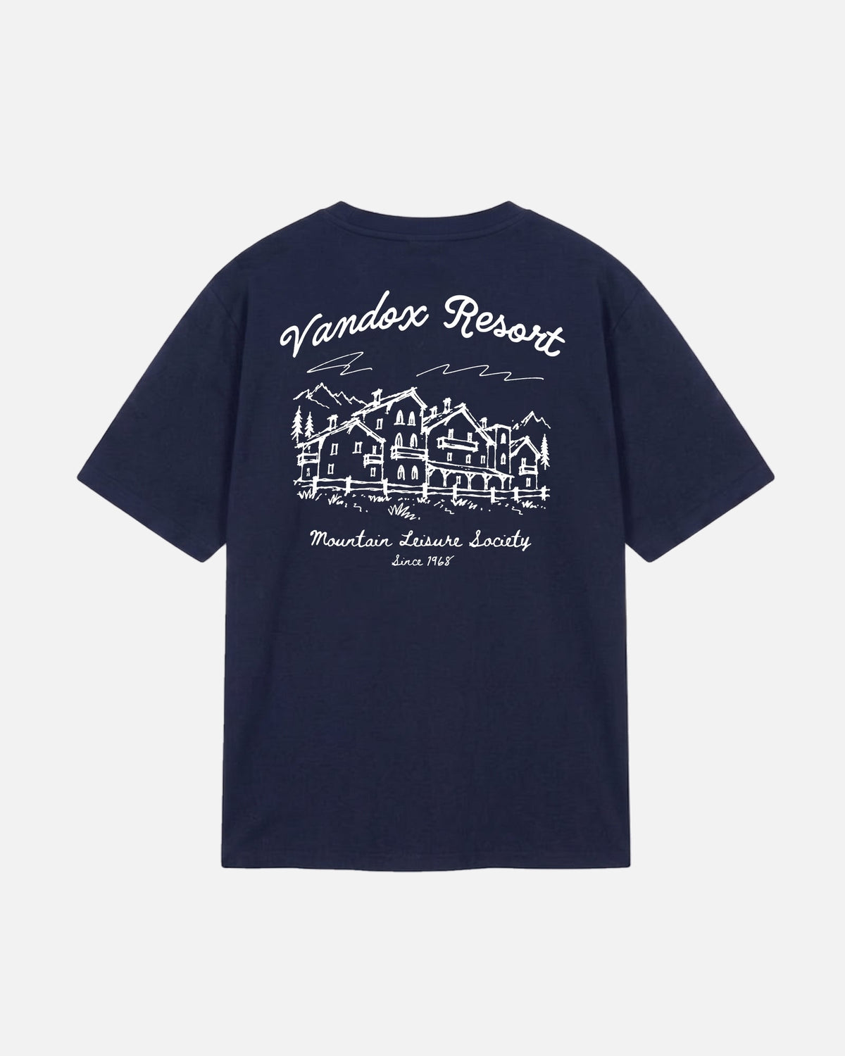 Navy Dark Blue Deep blue Vandox Resort t-shirt back view with hand-drawn alpine resort hotel sketch and Vandox Resort Mountain Leisure Society Since 1968 text. Starboy old money shirt tshirt clothes vandox sacrevandox vandox clothes vandox clothing