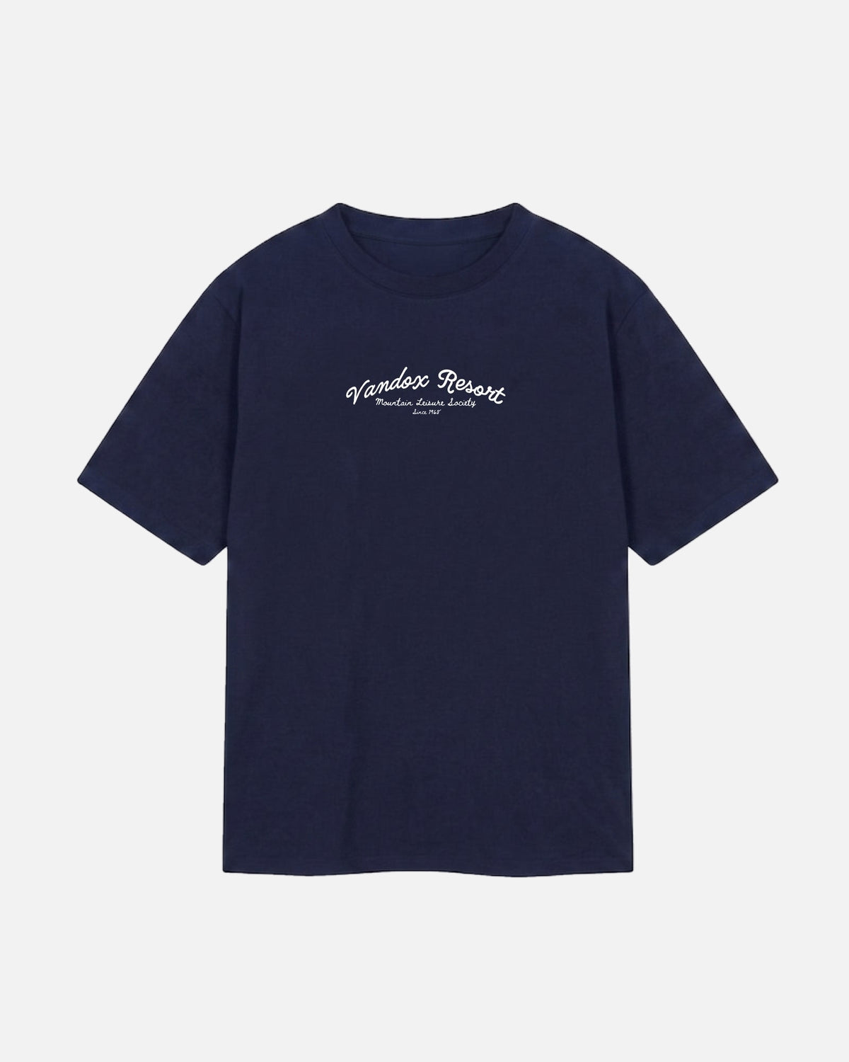 Navy Dark Blue Deep Blue Vandox Resort t-shirt with Vandox Resort Mountain Leisure Society script chest graphic. Starboy old money shirt tshirt clothes vandox sacrevandox vandox clothes vandox clothing