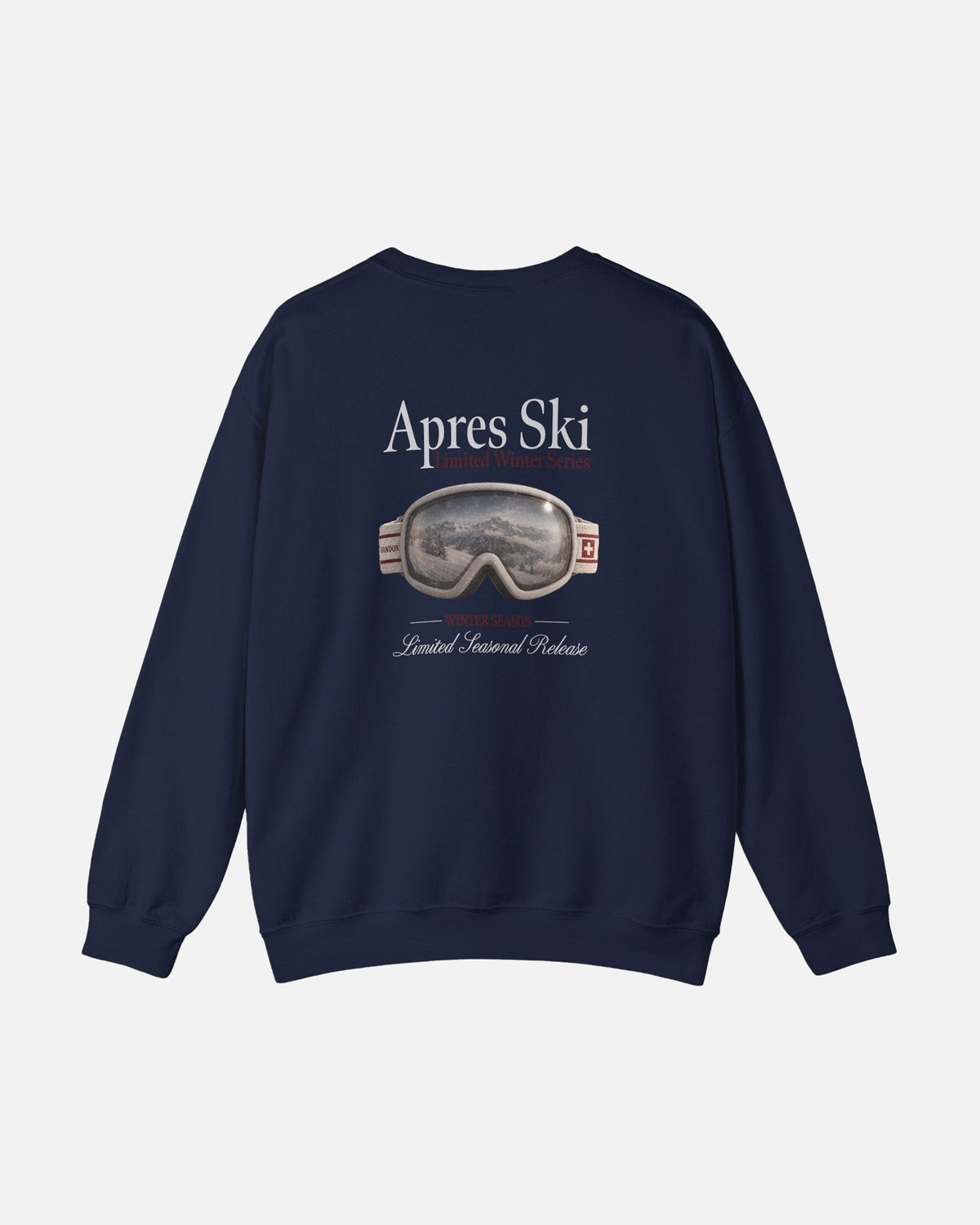 Navy Dark Blue Vandox Snow Lens crewneck sweatshirt back view with photorealistic ski goggle graphic showing alpine mountain reflection and Apres Ski Limited Winter Series text. Starboy old money hoodie sweatshirt clothes vandox sacrevandox vandox clothes vandox clothing crewneck autumn clothes no hood fall clothes 