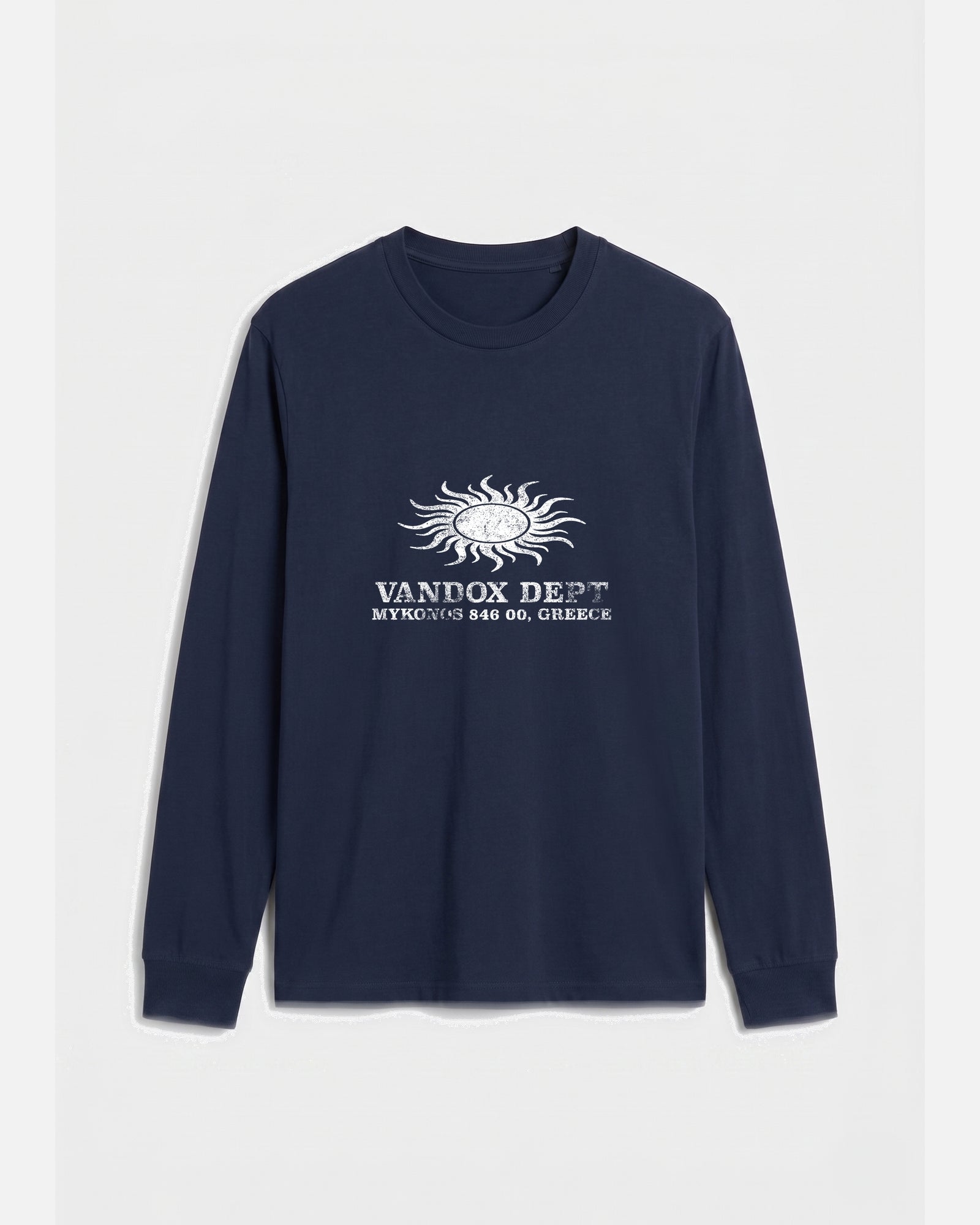 Navy dark blue Vandox Sun Dept long sleeve longsleeve t-shirt with distressed sun graphic and Vandox Dept Mykonos 846 00 Greece text. Starboy old money hoodie sweatshirt t-shirt long sleeve longsleeve clothes vandox sacrevandox vandox clothes vandox clothing