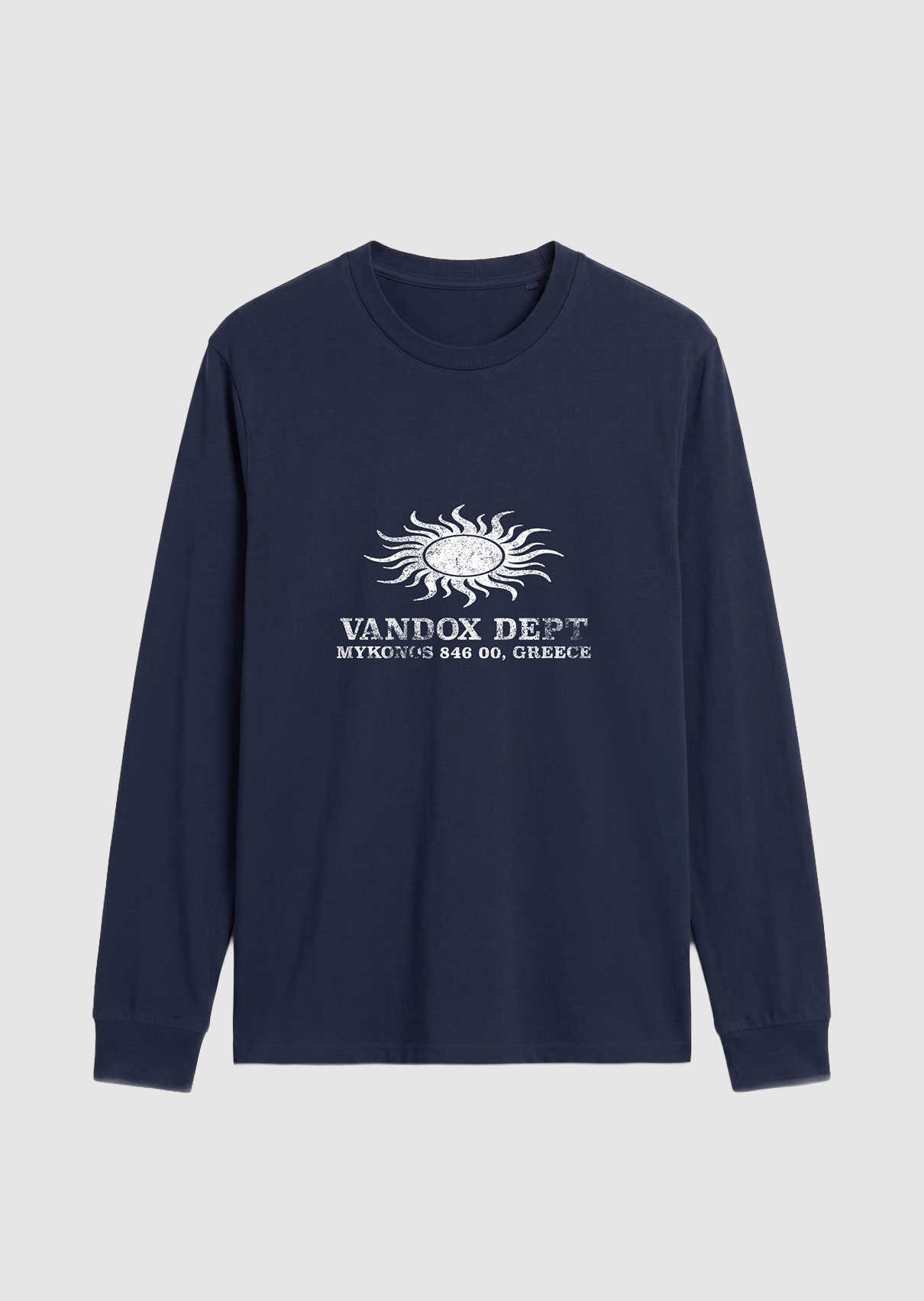 Navy dark blue Vandox Sun Dept long sleeve longsleeve t-shirt with distressed sun graphic and Vandox Dept Mykonos 846 00 Greece text. Starboy old money hoodie sweatshirt t-shirt long sleeve longsleeve clothes vandox sacrevandox vandox clothes vandox clothing