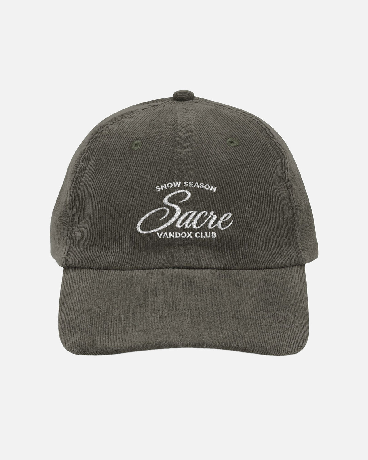 Olive Green Brown Vandox Snow Season corduroy baseball cap with white embroidered Snow Season Sacre Vandox Club script graphic. Hat Cap Baseball Cap Baseball Hat starboy hat old money hats vandox sacre vandox sacrevandox vandox clothing
