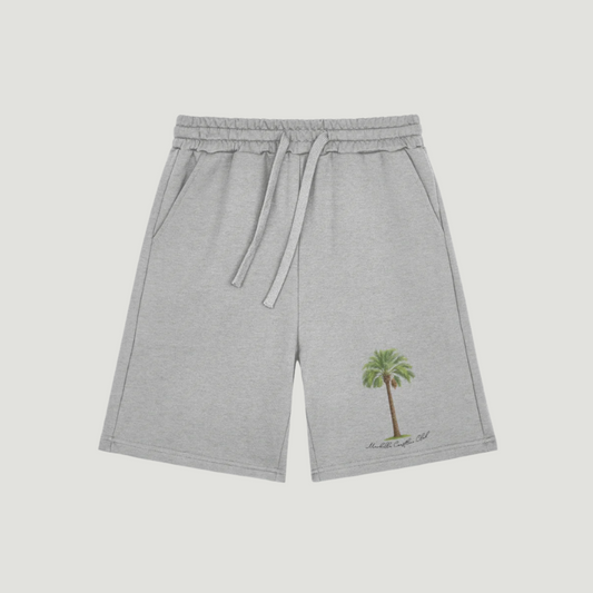 Sport Heather grey cotton shorts with embroidered green palm tree and "Monte Carlo, 1985" script on the left leg, drawstring waistband, side pockets – Vandox Palm Royale Shorts. Starboy old money shorts pants bottoms clothes vandox sacrevandox vandox clothes vandox clothing