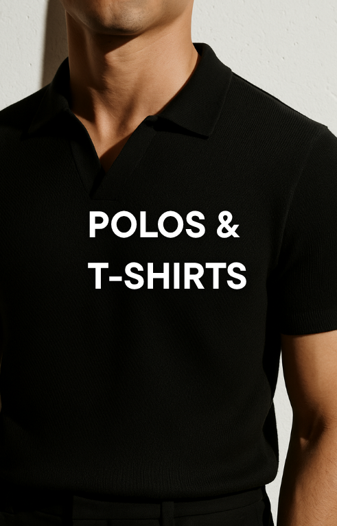 Cropped view of a male model wearing a fitted black polo shirt in soft lighting, with the words 