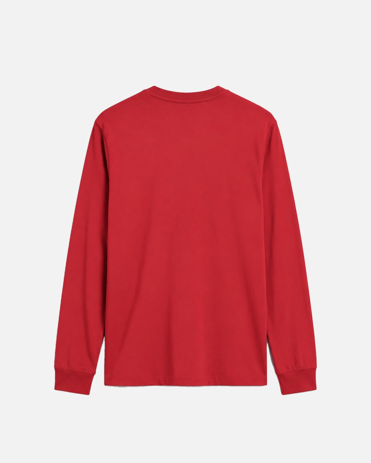 red Vandox Post Stamp long-sleeve t-shirt shown from the back, laid flat against a light off-white background. Starboy old money shirt tshirt longsleeve crewneck clothes vandox sacrevandox vandox clothes vandox clothing
