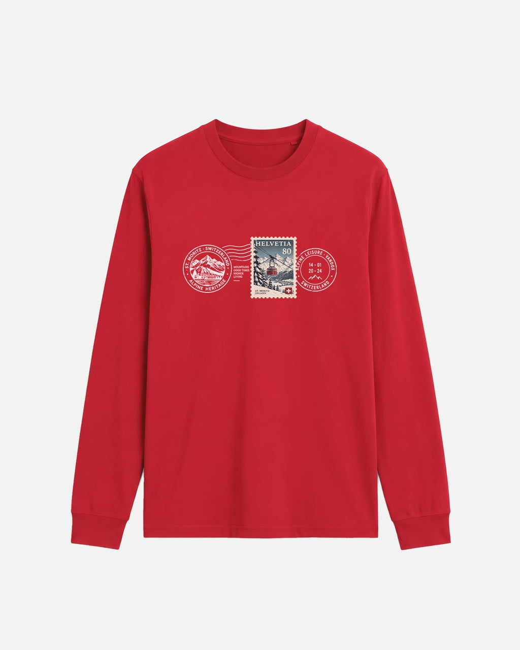 red Vandox Post Stamp long sleeve t-shirt with vintage Helvetia 80 postal stamp St. Moritz Engadin scene and Alpine Heritage Alpine Leisure Vandox postmark chest graphic. Starboy old money shirt tshirt longsleeve crewneck clothes vandox sacrevandox vandox clothes vandox clothing