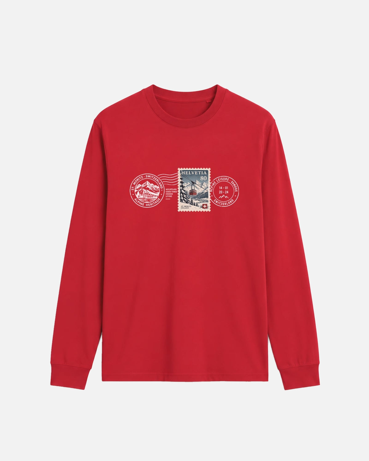 red Vandox Post Stamp long sleeve t-shirt with vintage Helvetia 80 postal stamp St. Moritz Engadin scene and Alpine Heritage Alpine Leisure Vandox postmark chest graphic. Starboy old money shirt tshirt longsleeve crewneck clothes vandox sacrevandox vandox clothes vandox clothing