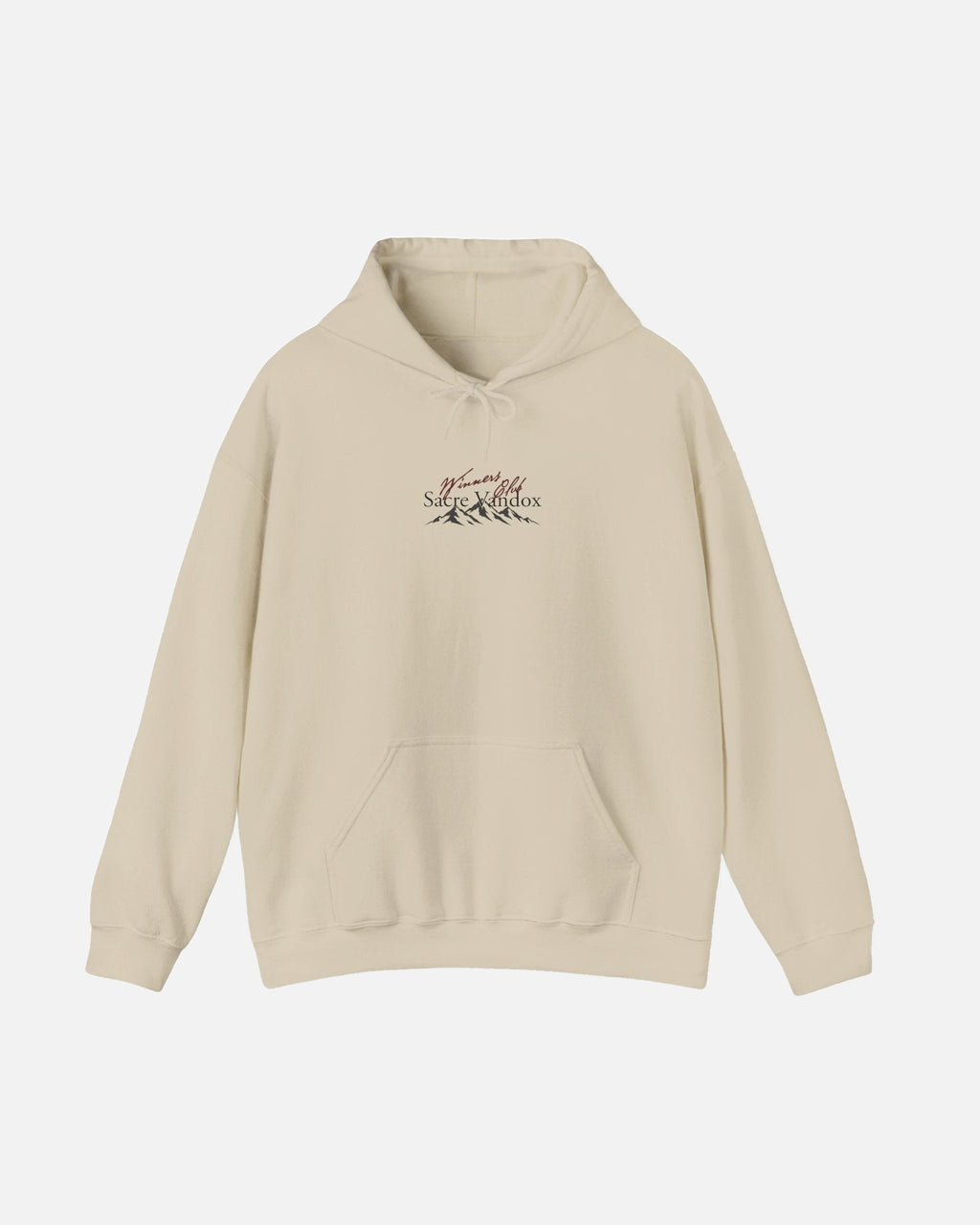 Sand beige cream Vandox Apres Ski hoodie front view with Winners Club Sacre Vandox mountain range chest graphic. Starboy old money hoodie sweatshirt clothes vandox sacrevandox vandox clothes vandox clothing