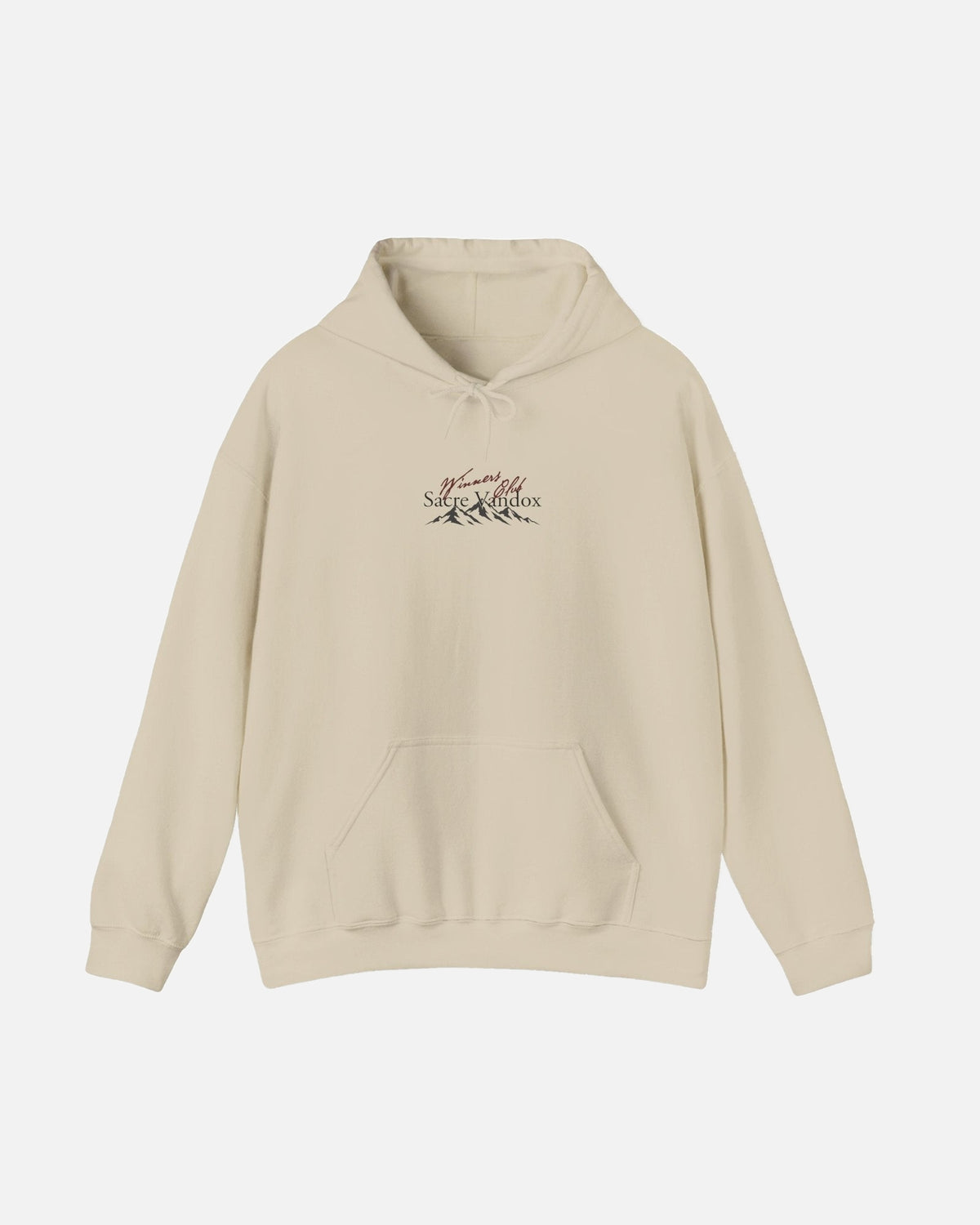 Sand beige cream Vandox Apres Ski hoodie front view with Winners Club Sacre Vandox mountain range chest graphic. Starboy old money hoodie sweatshirt clothes vandox sacrevandox vandox clothes vandox clothing