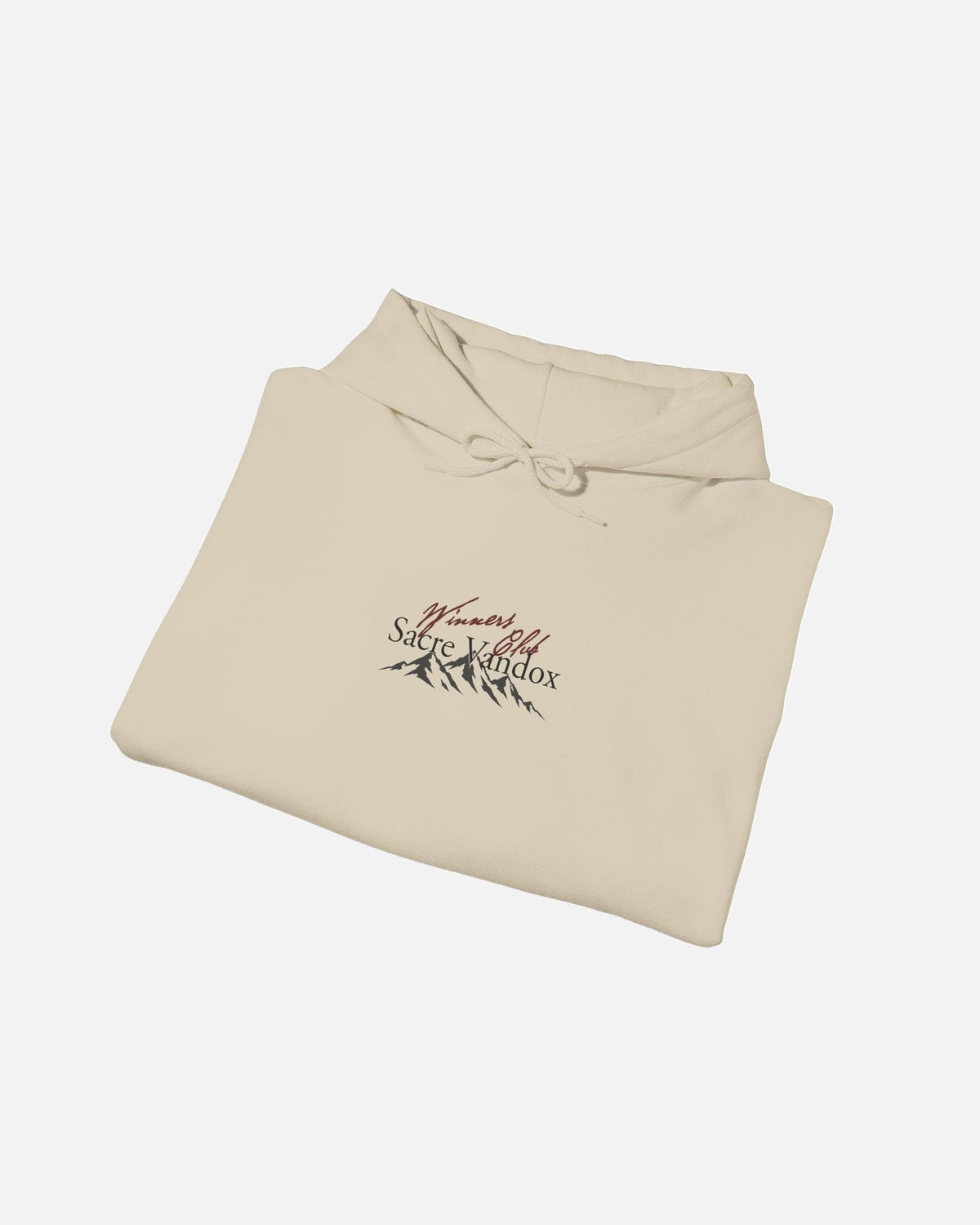 folded view of Sand beige cream Vandox Apres Ski hoodie front view with Winners Club Sacre Vandox mountain range chest graphic. Starboy old money hoodie sweatshirt clothes vandox sacrevandox vandox clothes vandox clothing