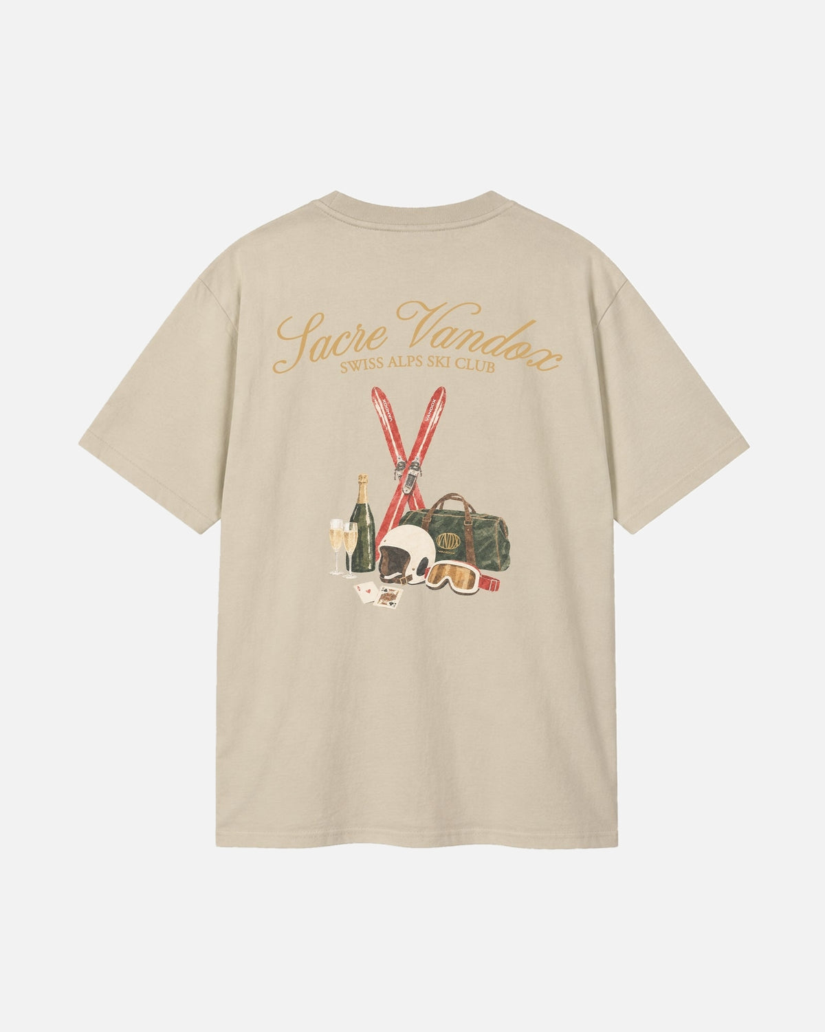 Sand Beige Cream Vandox Chalet Edit t-shirt back view with illustrated ski essentials including red skis helmet goggles Vandox duffle champagne and playing cards. Starboy old money shirt tshirt clothes vandox sacrevandox vandox clothes vandox clothing