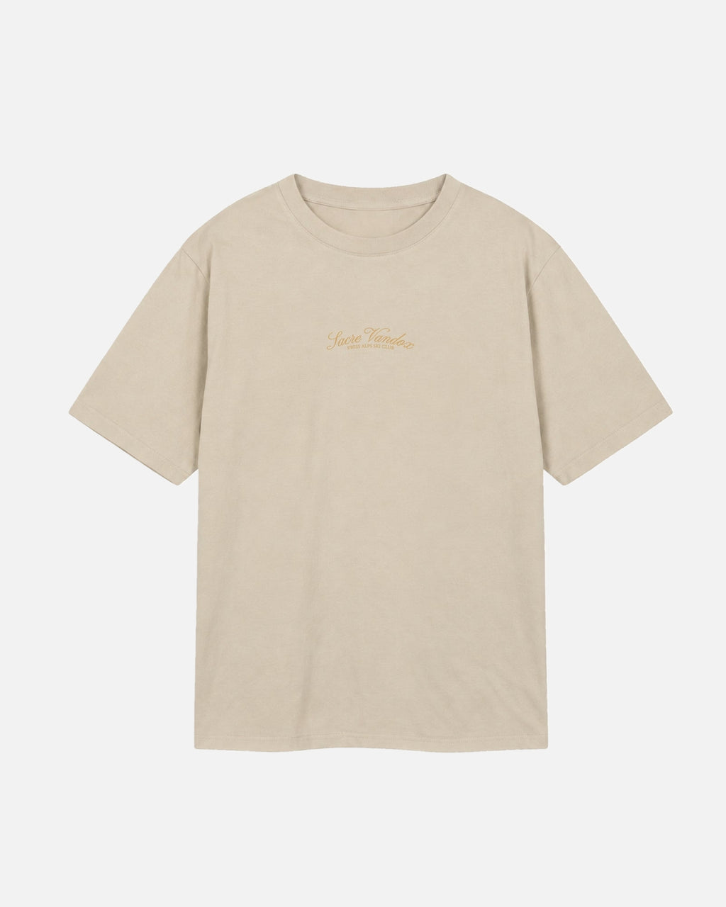 Sand Cream Beige Vandox Chalet Edit t-shirt with gold Sacre Vandox Swiss Alps Ski Club script chest graphic. Starboy old money shirt tshirt clothes vandox sacrevandox vandox clothes vandox clothing