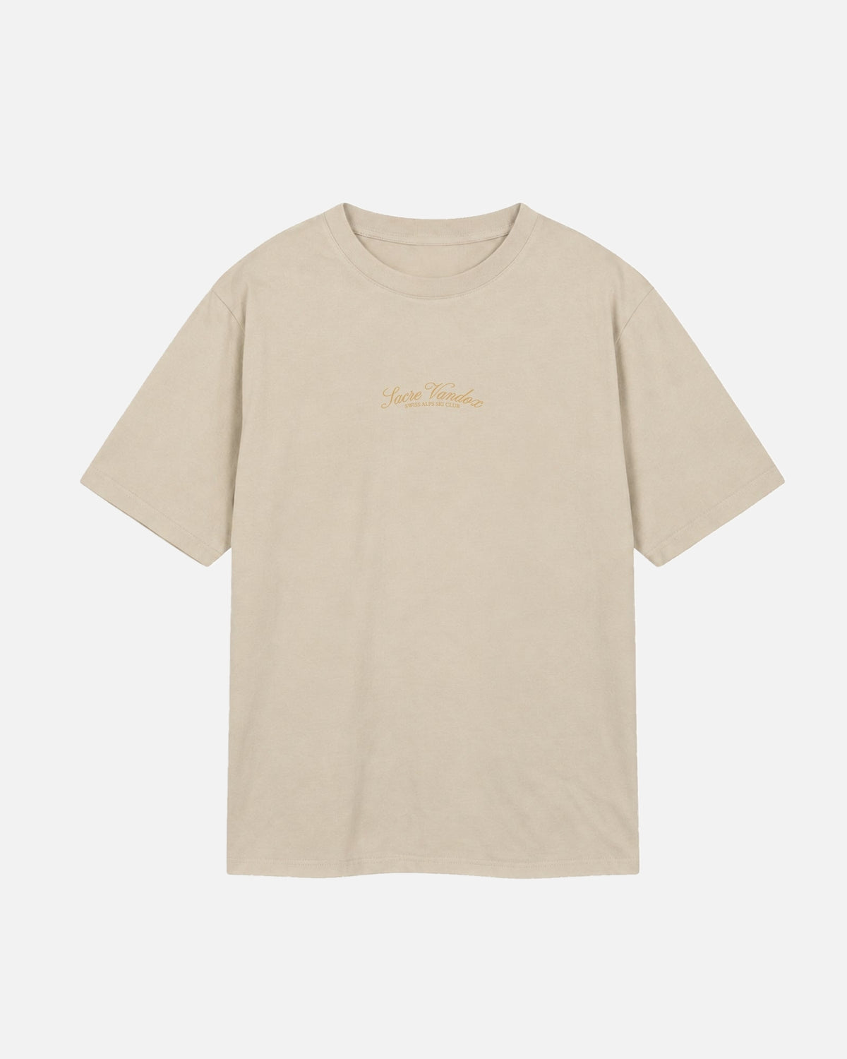 Sand Cream Beige Vandox Chalet Edit t-shirt with gold Sacre Vandox Swiss Alps Ski Club script chest graphic. Starboy old money shirt tshirt clothes vandox sacrevandox vandox clothes vandox clothing
