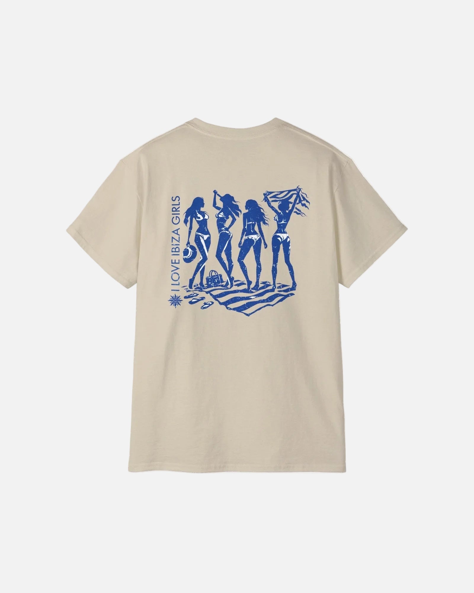 Sand Vandox I Love Ibiza Girls Tee back view - sand premium cotton t-shirt featuring blue Ibiza beach silhouette graphic with I Love Ibiza Girls lettering by Sacre Vandox, Postcards collection. Starboy old money shirt tshirt clothes vandox sacrevandox vandox clothes vandox clothing