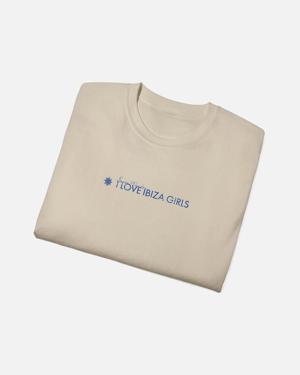 Sand Vandox I Love Ibiza Girls Tee folded view – sand premium cotton t-shirt with I Love Ibiza Girls Sacre Vandox chest print, Postcards collection. Starboy old money shirt tshirt clothes vandox sacrevandox vandox clothes vandox clothing