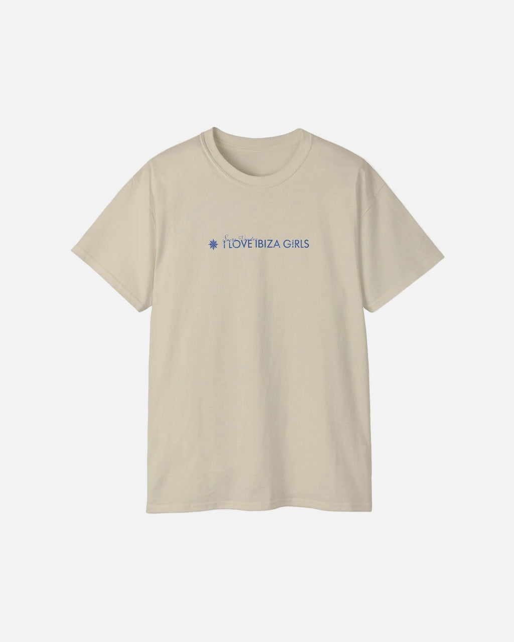 Sand Vandox I Love Ibiza Girls Tee front view – sand premium cotton t-shirt with I Love Ibiza Girls Sacre Vandox chest print, Postcards collection. Starboy old money shirt tshirt clothes vandox sacrevandox vandox clothes vandox clothing