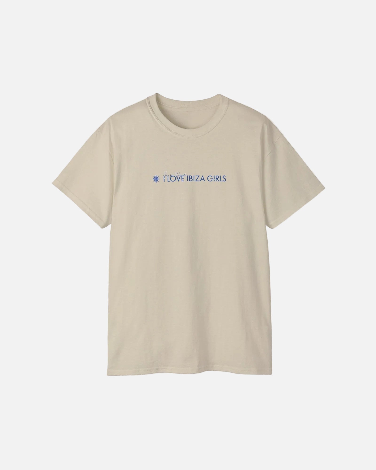 Sand Vandox I Love Ibiza Girls Tee front view – sand premium cotton t-shirt with I Love Ibiza Girls Sacre Vandox chest print, Postcards collection. Starboy old money shirt tshirt clothes vandox sacrevandox vandox clothes vandox clothing