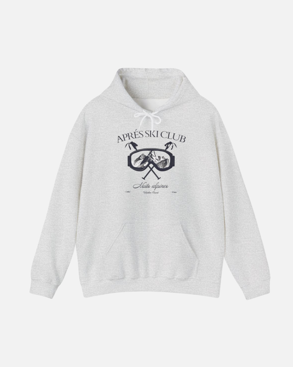Front view of the ash sporty grey Ski Society Hoodie by Vandox with alpine ski goggle graphic and “Après Ski Club” text. Starboy old money hoodie sweatshirt clothes vandox sacrevandox vandox clothes vandox clothing