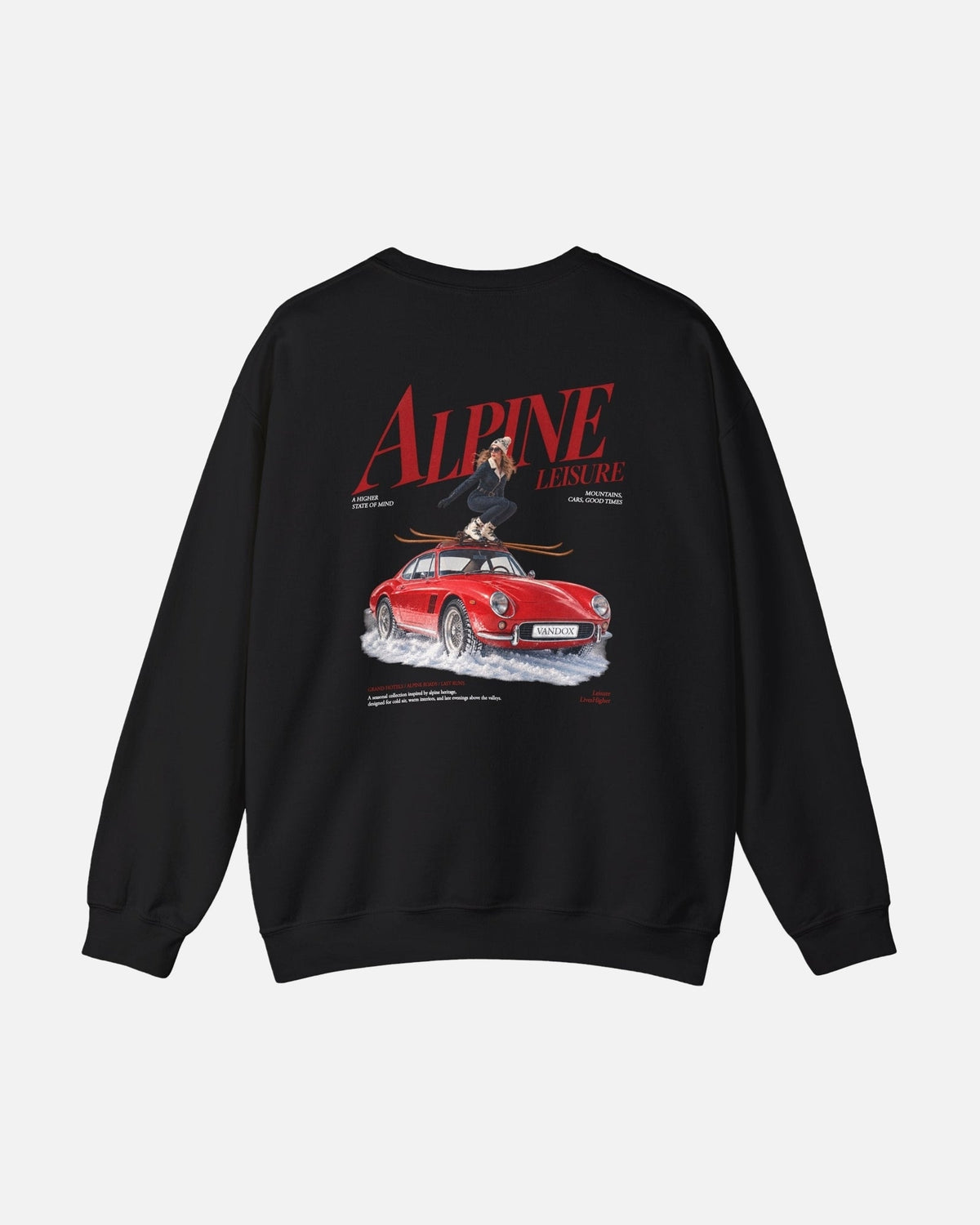 Black Vandox Alpine Leisure crewneck sweatshirt back view with Alpine Leisure editorial graphic of woman on red classic car in snow with mountains. Starboy old money hoodie sweatshirt clothes vandox sacrevandox vandox clothes vandox clothing crewneck autumn clothes no hood fall clothes 