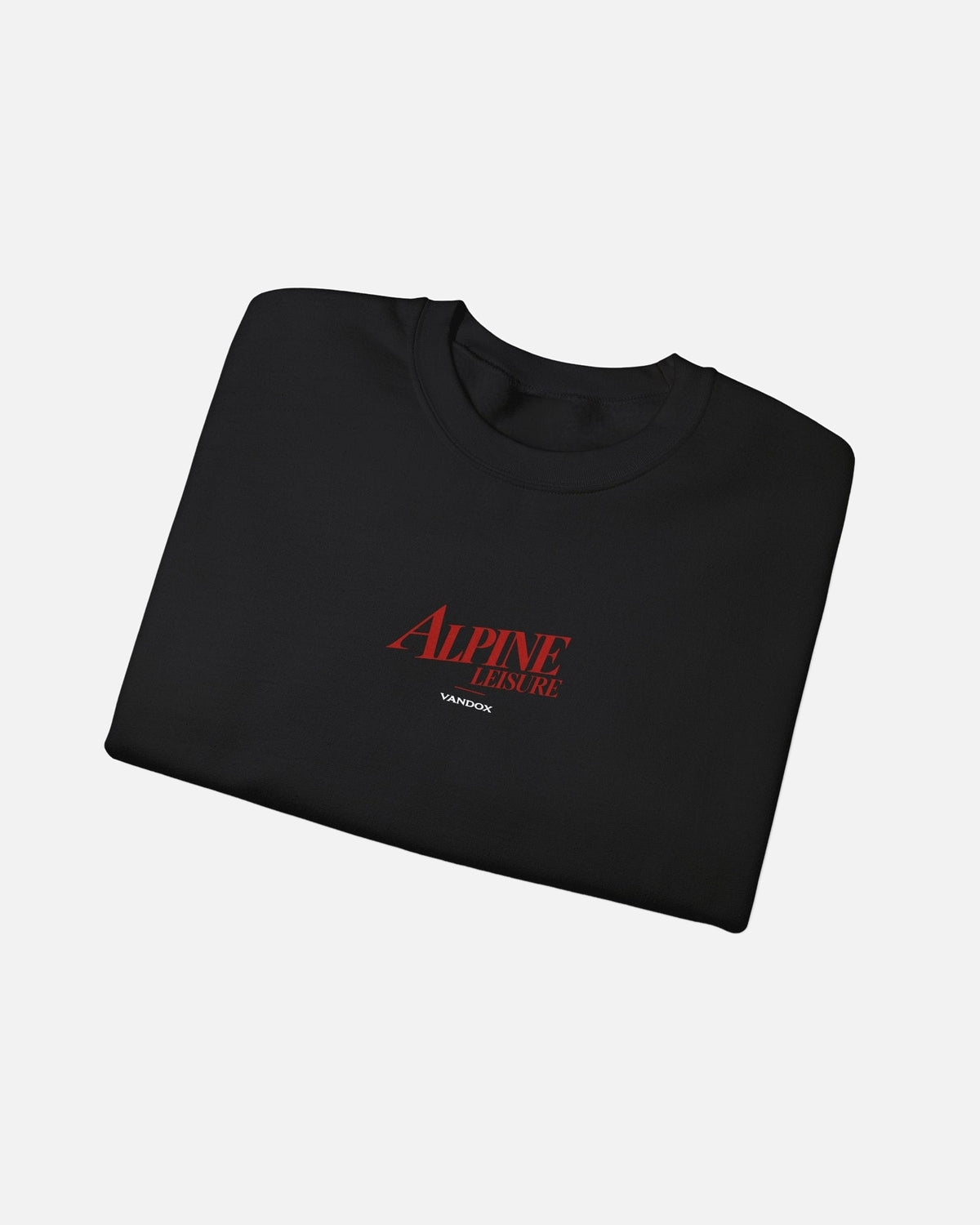 Folded View of Black Vandox Alpine Leisure crewneck sweatshirt with red Alpine Leisure Vandox chest logo. Starboy old money hoodie sweatshirt clothes vandox sacrevandox vandox clothes vandox clothing crewneck autumn clothes no hood fall clothes 