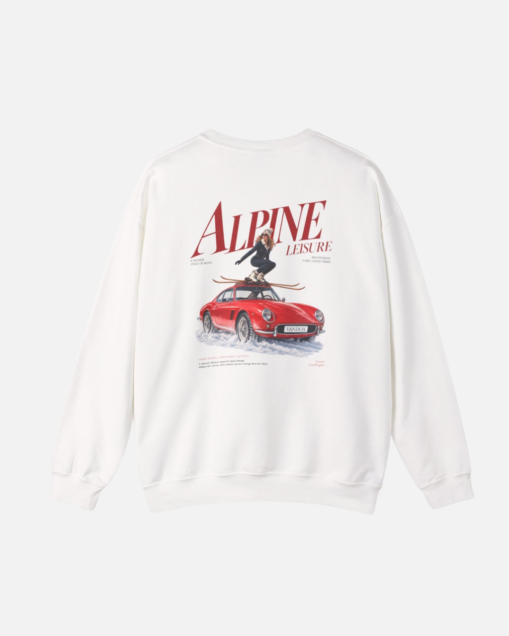 Eggshell White Vandox Alpine Leisure crewneck sweatshirt back view with Alpine Leisure editorial graphic of woman on red classic car in snow with mountains. Starboy old money hoodie sweatshirt clothes vandox sacrevandox vandox clothes vandox clothing crewneck autumn clothes no hood fall clothes 