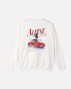 Eggshell White Vandox Alpine Leisure crewneck sweatshirt back view with Alpine Leisure editorial graphic of woman on red classic car in snow with mountains. Starboy old money hoodie sweatshirt clothes vandox sacrevandox vandox clothes vandox clothing crewneck autumn clothes no hood fall clothes 