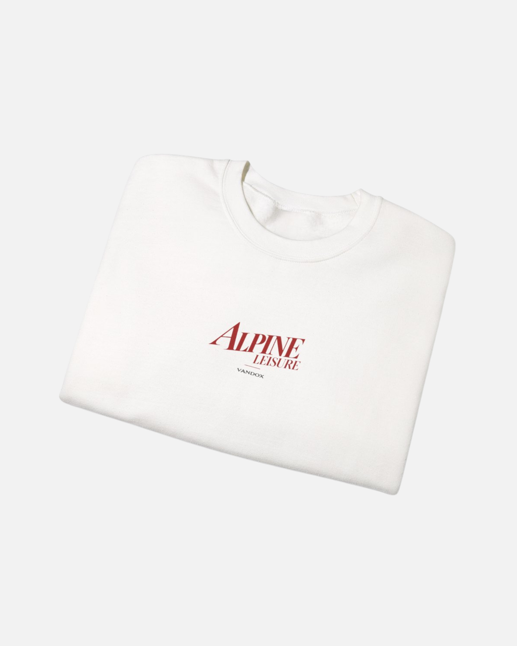 Folded view of Eggshell White Vandox Alpine Leisure crewneck sweatshirt with red Alpine Leisure Vandox chest logo. Starboy old money hoodie sweatshirt clothes vandox sacrevandox vandox clothes vandox clothing crewneck autumn clothes no hood fall clothes 