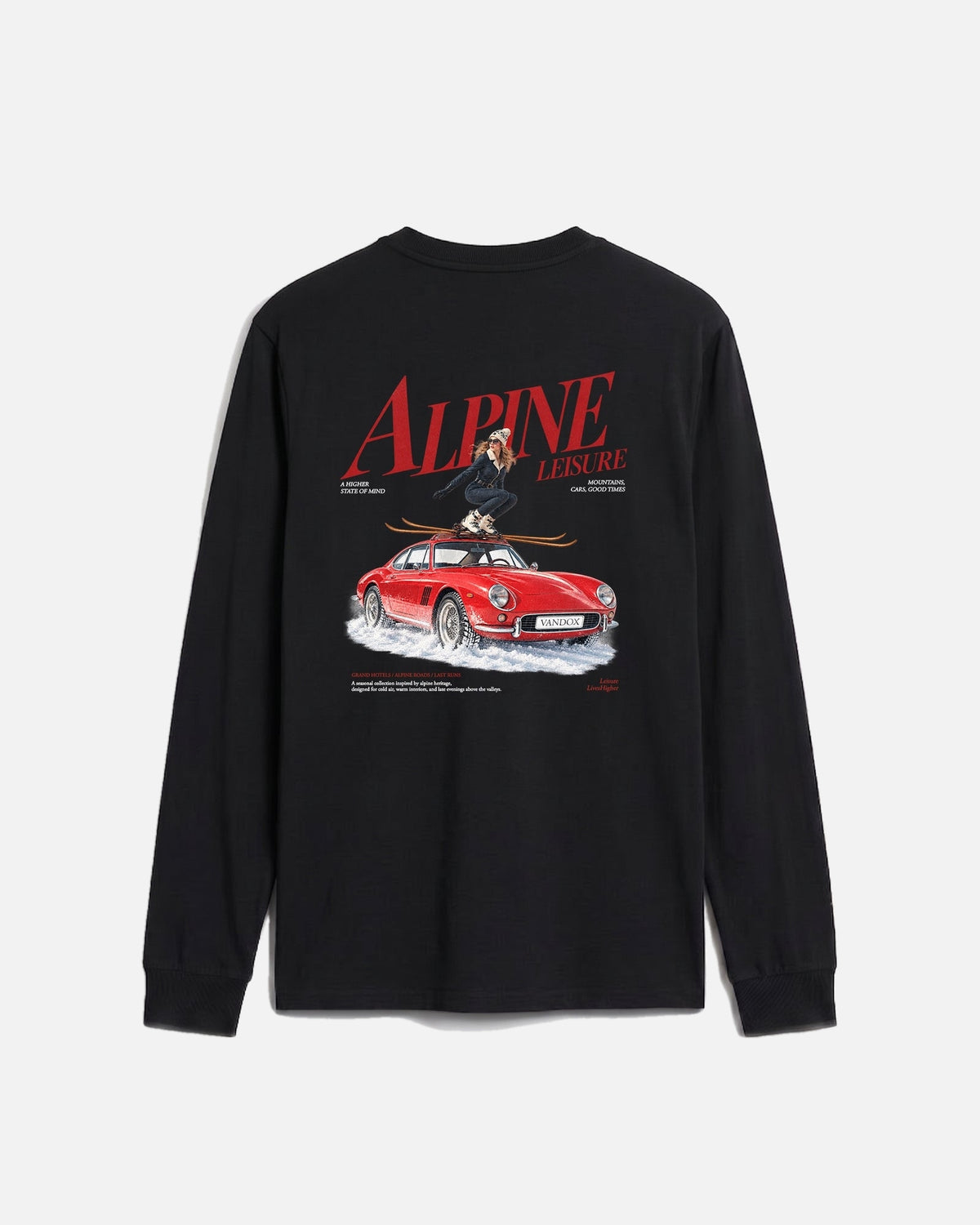 Black Vandox Alpine Leasure long sleeve t-shirt back view with Alpine Leisure editorial graphic of woman on red classic car in snow with mountains. Starboy old money shirt tshirt longsleeve crewneck clothes vandox sacrevandox vandox clothes vandox clothing