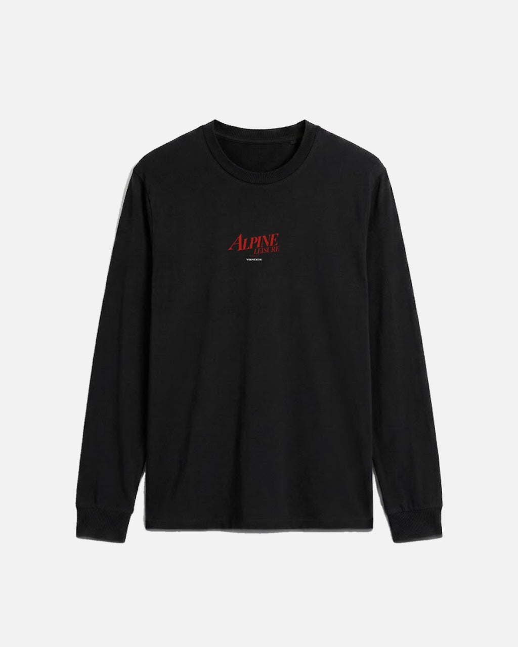 Black Vandox Alpine Leisure long sleeve t-shirt front view with red Alpine Leisure Vandox chest logo. Starboy old money shirt tshirt longsleeve crewneck clothes vandox sacrevandox vandox clothes vandox clothing